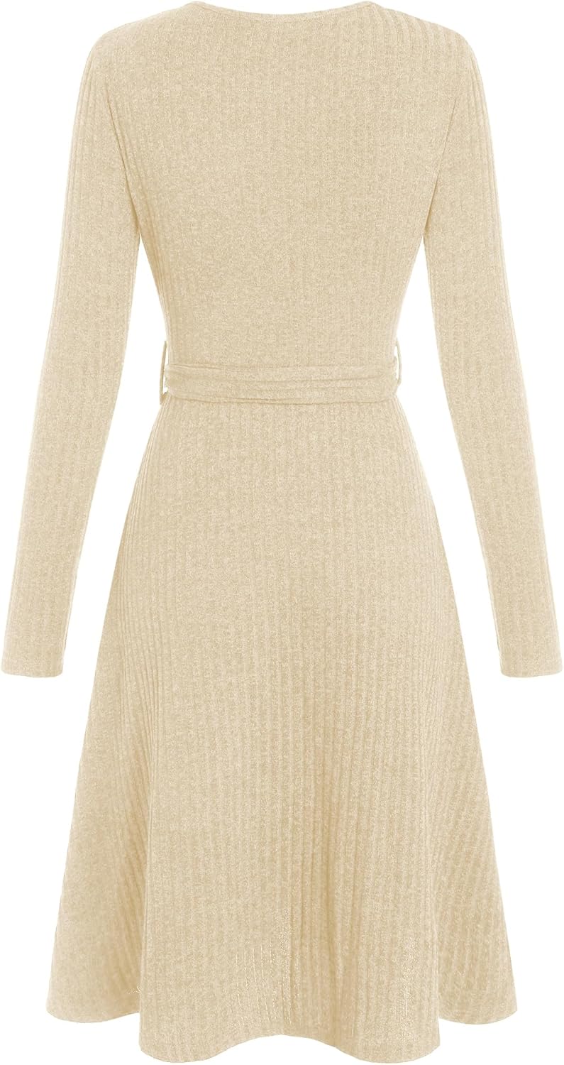 ZAFUL Women's 2025 Casual V Neck Long Sleeve Sweater Dress Wrap Ribbed Knit Pleated Midi Dresses with Belt - Image 9