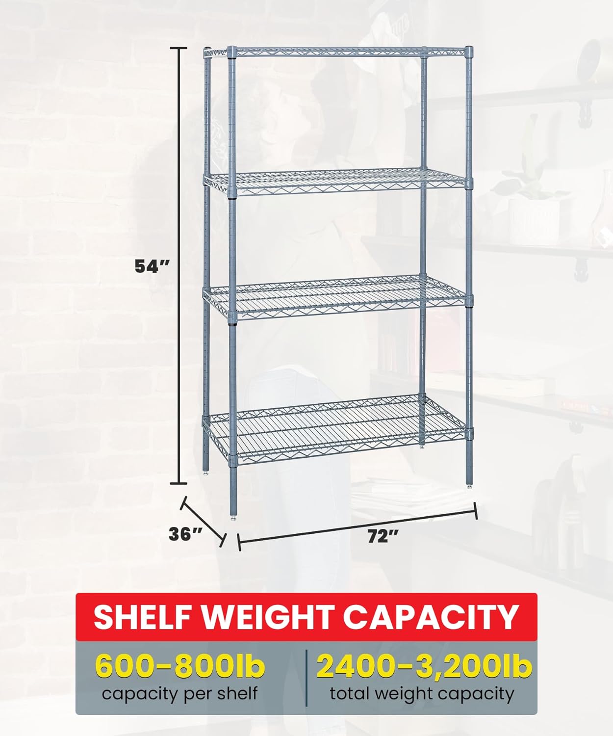 Quantum Storage Systems WR54-3672GY Wire Shelving 4 Shelf Wire Starter Units, 36" x 72" x 54", Gray Epoxy