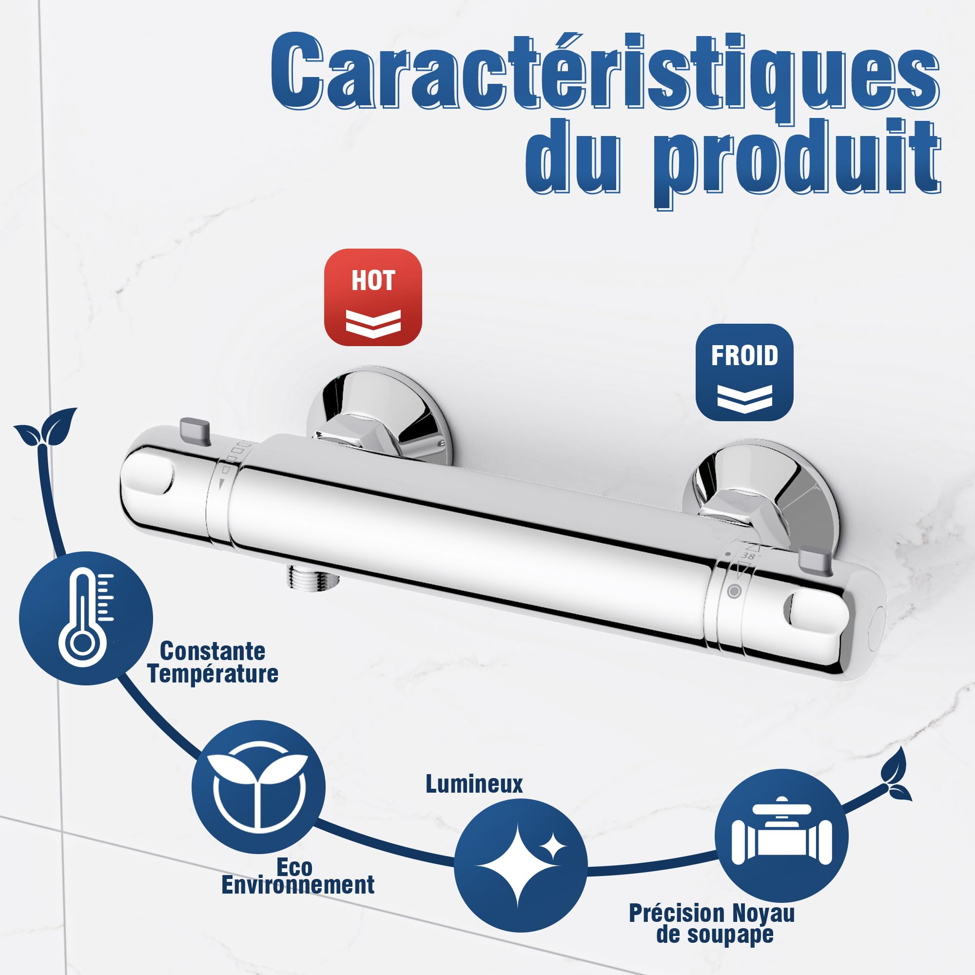 MORADO Mitigeur Douche Thermostatique,Robinet de Douch avec Bouton Sécurisé à 38°C,Salle de bain,chromé