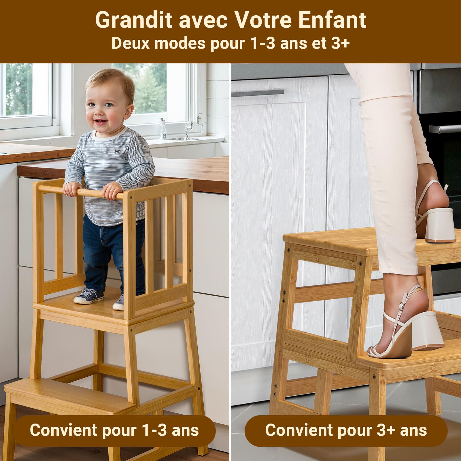 COSYLAND Tour d’Apprentissage Montessori pour Enfants, Sûre et Stable, Learning Tower Couleur Naturelle