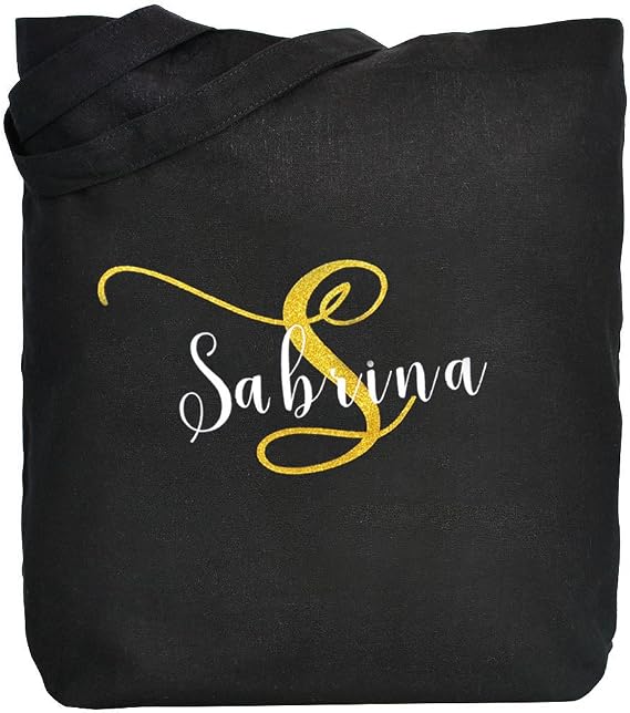 ELEGANTPARK Personalized Initial & Name Monogrammed Tote Bag - Black with Gold Glitter - A-Z Initial - 17 L x 14 H x 6 D - Women, Girls - Wedding, Bridal Shower, Birthday, Teacher Gifts