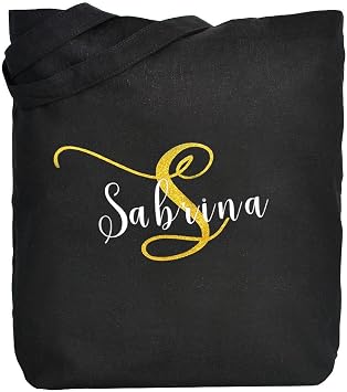 ELEGANTPARK Personalized Initial & Name Monogrammed Tote Bag - Black with Gold Glitter - A-Z Initial - 17 L x 14 H x 6 D - Women, Girls - Wedding, Bridal Shower, Birthday, Teacher Gifts