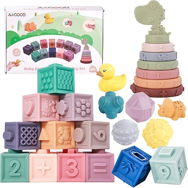 AAGOOD Stacking Blocks 25Pack Soft Building Blocks and Sensory Balls for Baby 6 to 12 Months Soft Bath Toys Montessori Toys Early Educational Toy for Babies 1 Year Old Gifts Baby Toddler