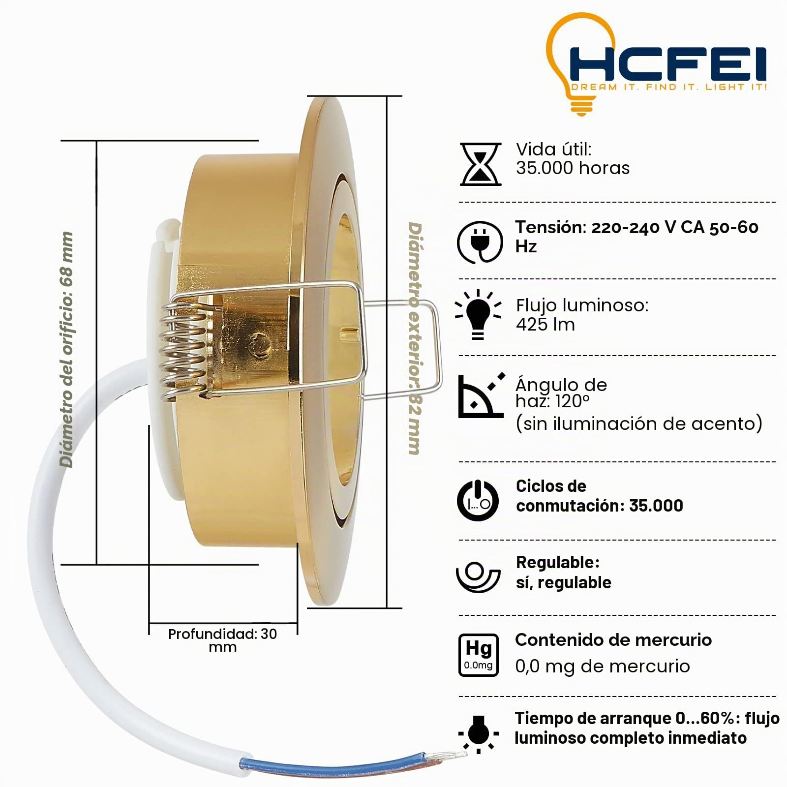 HCFEI - Lote de 3 focos LED empotrables, totalmente orientable, dorado con bombilla GU10, módulo 220 V, 5 W, regulable, blanco cálido, taladrado 68 mm