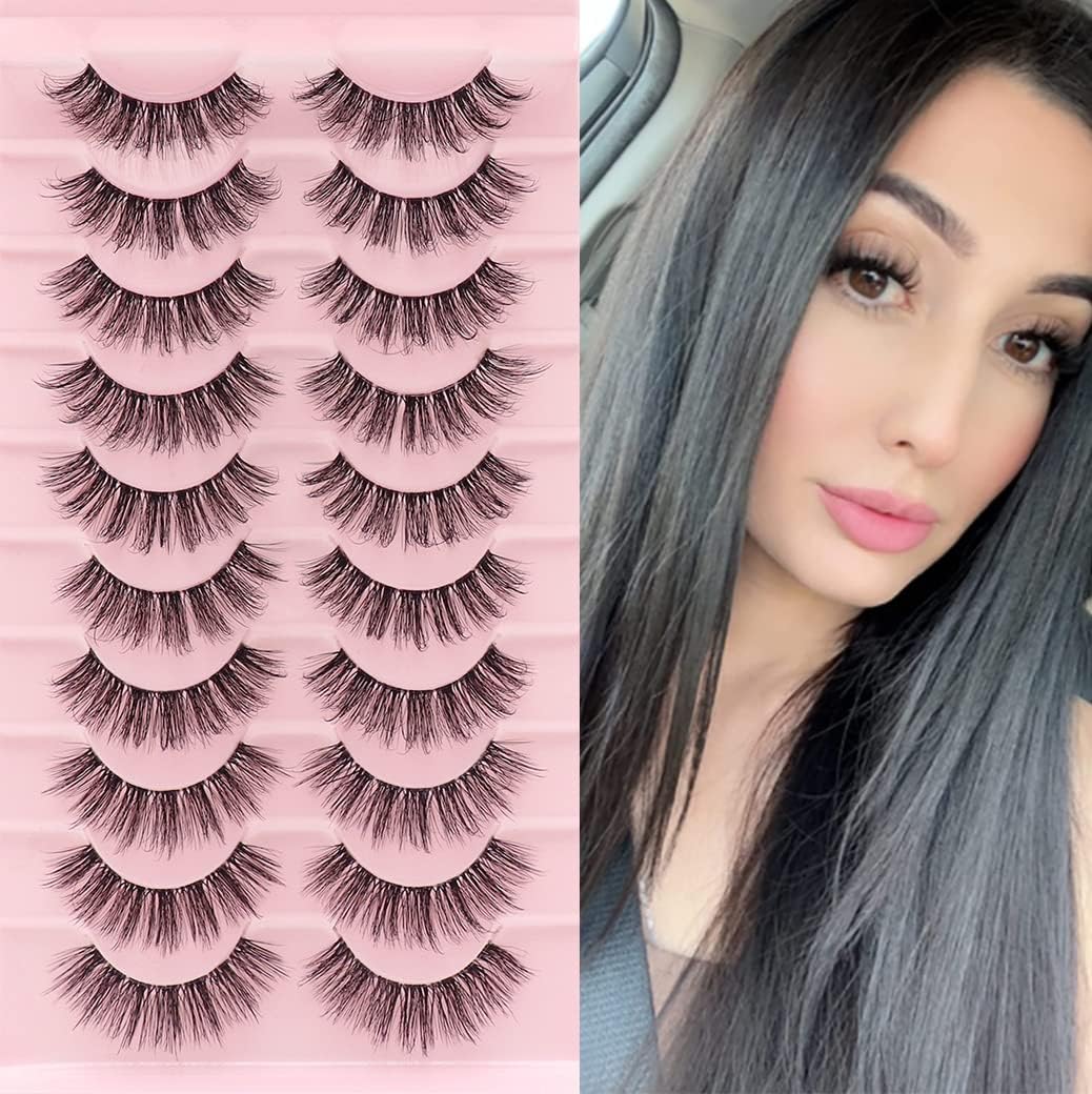 Veleasha Clear Band Lashes 10 Pairs Pack D Curl Russian Strip Lashes,Natural Look Transparent Soft Band Faux Mink Eyelashes for Eye Makeup (D03-T)