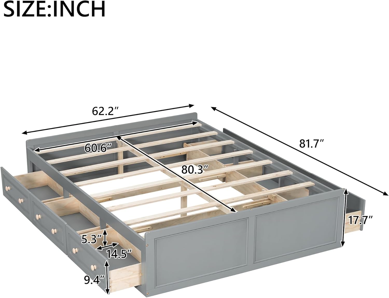 Bellemave Queen Size Solid Wood Storage Bed with 6 Drawers - Modern Platform Bed Frame with Underbed Storage, Grey