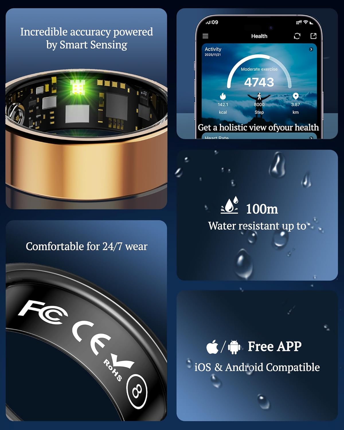 Smart Ring for Women & Men with Display, Health Ring with Heart Rate, Sleep Monitor, IP68 Waterproof Fitness Ring, Fitness Tracker Ring, No APP Fee for iPhone and Android (Rose Gold, 10#)
