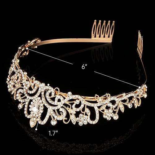 Miniatura 5 de Paquete de 5 coronas de cristal dorado para mujeres, niñas, elegante corona de diamantes de imitación de princesa con peines, diademas de boda para