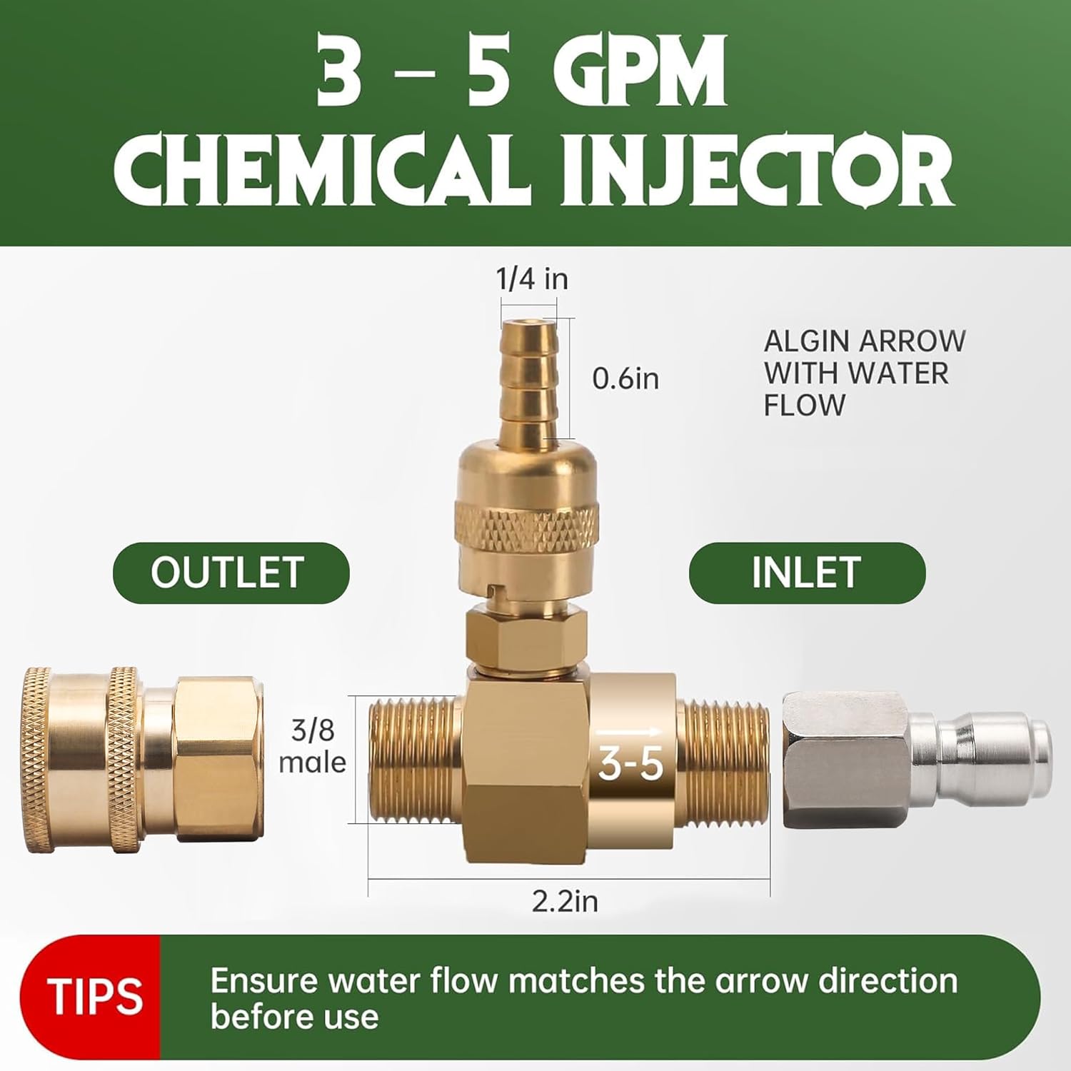 Downstream Chemical Injector Kit for Pressure Washer, Fixed Soap Injector with 3/8" Quick Connect, 3–5 GPM Flow Rate (White)