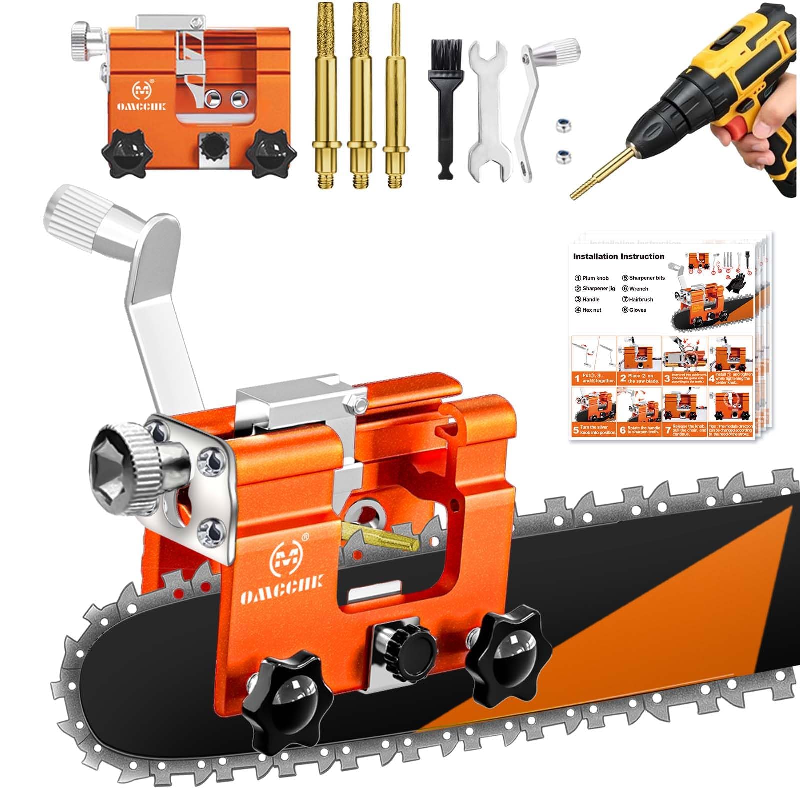 Portable Chainsaw Sharpener Jig Kit, Hand Crank Sharpening Tool with 3 Sharpening Burrs Cleaning Brush, Chain Saw Blade Sharpener Accessories for Electric Chainsaw, Gardening