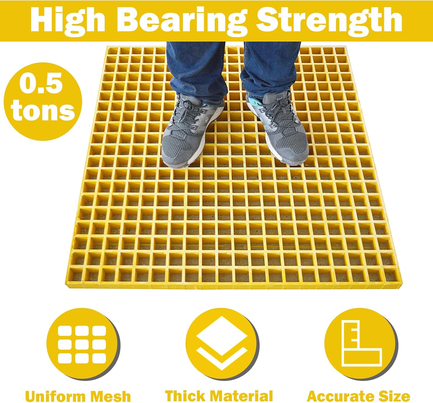 TECHTONGDA 1.5" Fiberglass Floor Grating FRP Floor Grid 7 sq ft Outdoor Drain Cover Car Wash Grille 1100 LB Capacity Yellow Square FRP Grating