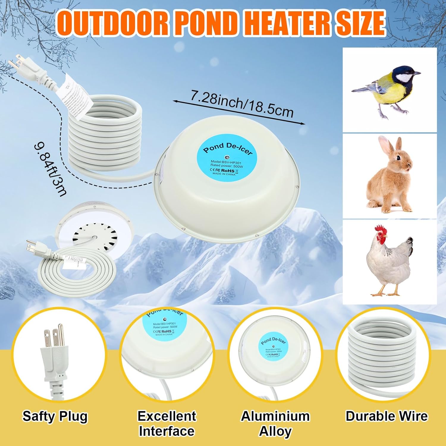 3 Pcs Submersible Water Heater Bird Bath Heater Chicken Waterer De-icer Water Trough Outdoor for Farm Pond Winter Poultry Livestock Tank Horse Drink, Pipe Tape Cord Cover(Blue,500w)