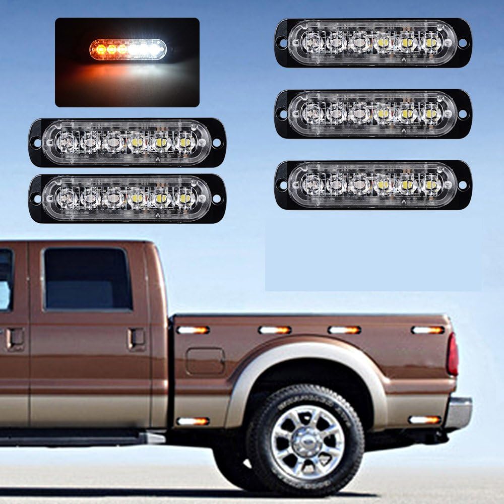 Astra Depot 5pcs Amber/White 18W 6-LED Warning Emergency Flashing Strobe Light Bar Surface Mount 12V-24V