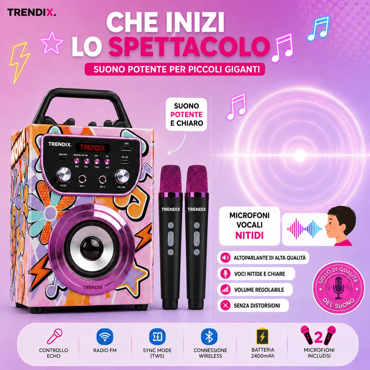Trendix - Karaoke Per Bambini Magic Melody | Cassa Bluetooth Con Microfono, Radio Fm, Usb | Cassa Karaoke Con 2 Microfoni | 2 Microfoni Bluetooth | Regalo