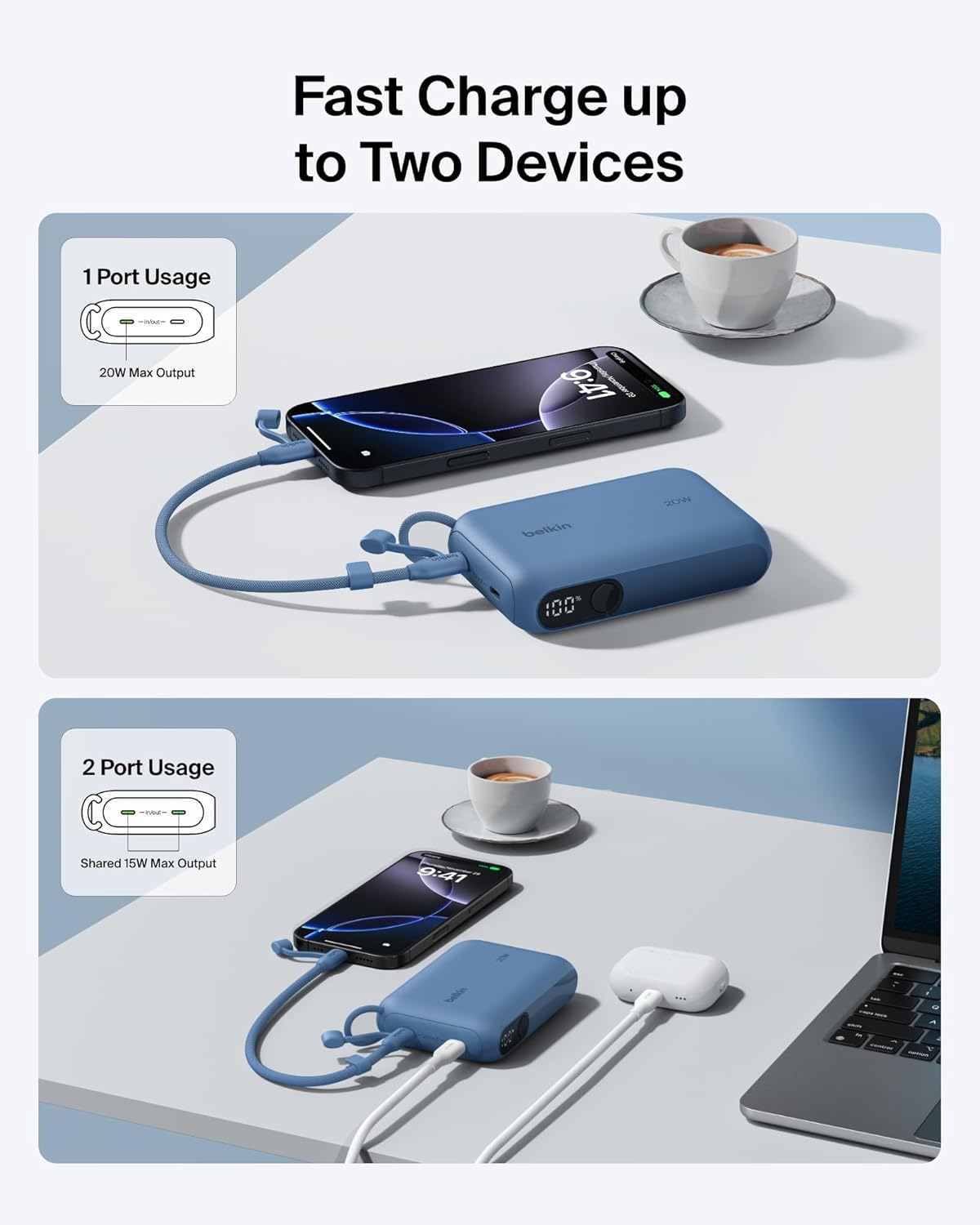 Belkin Portable Charger, Slim USB-C Power Bank 10,000mAh w/ 2 USB-C Ports, Digital Battery Display, 20W Charging Battery Pack - iPhone 17, Air, Pro, Samsung Galaxy S25, Pixel 10, iPad, & More - Blue - Image 2