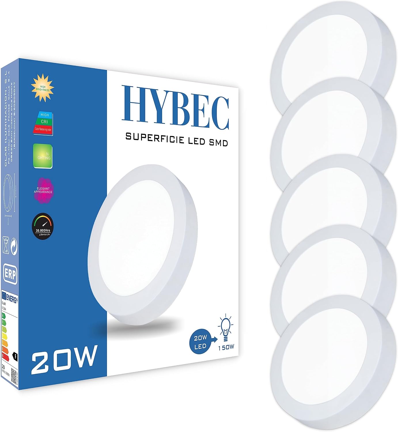 Downlight LED Techo Superficie 20W, Focos de Interior, Downlight Superficie, Plafón, Blanco Frío 6500K (Pack 5)