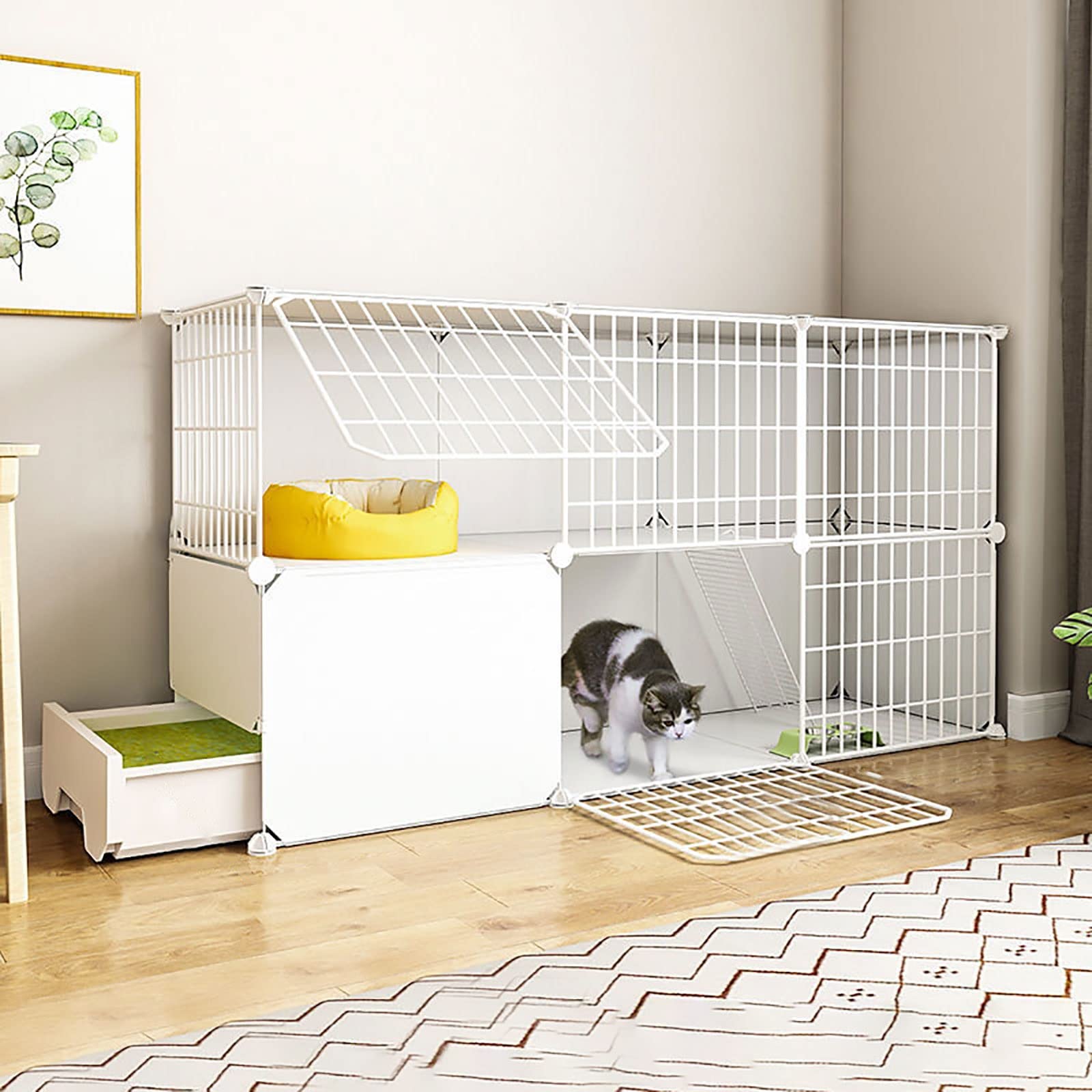 asdchZen Cat Cage Indoor Diy Cat Cages Playpen Detachable Metal Wire Kitten Cage Pet Cat Enclosures With Door For Kitten Small Animals,White-139x37x73cm
