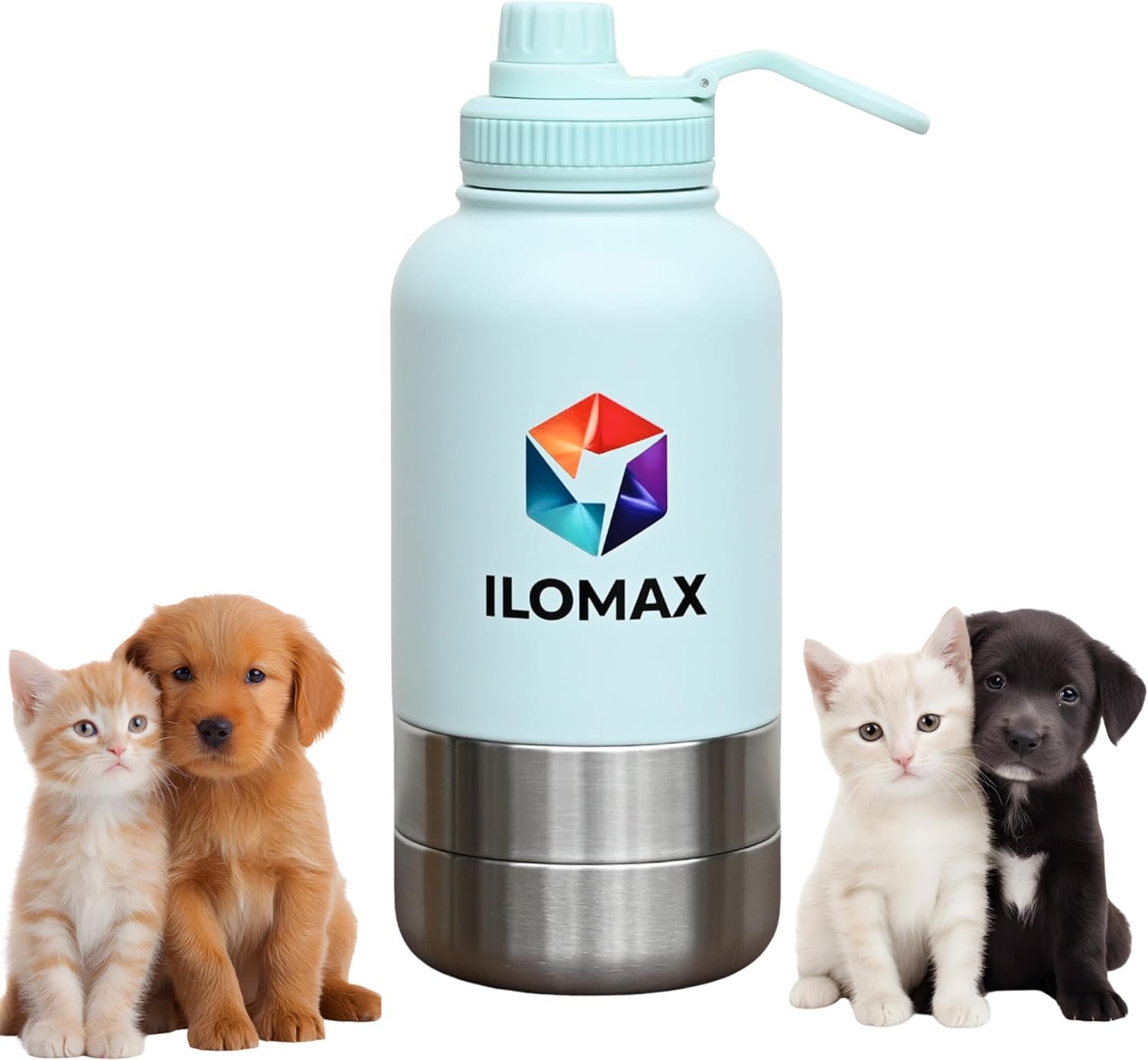 ILOMAX 3-in-1 Stainless Steel Dog Water Bottle & Bowls, 32oz