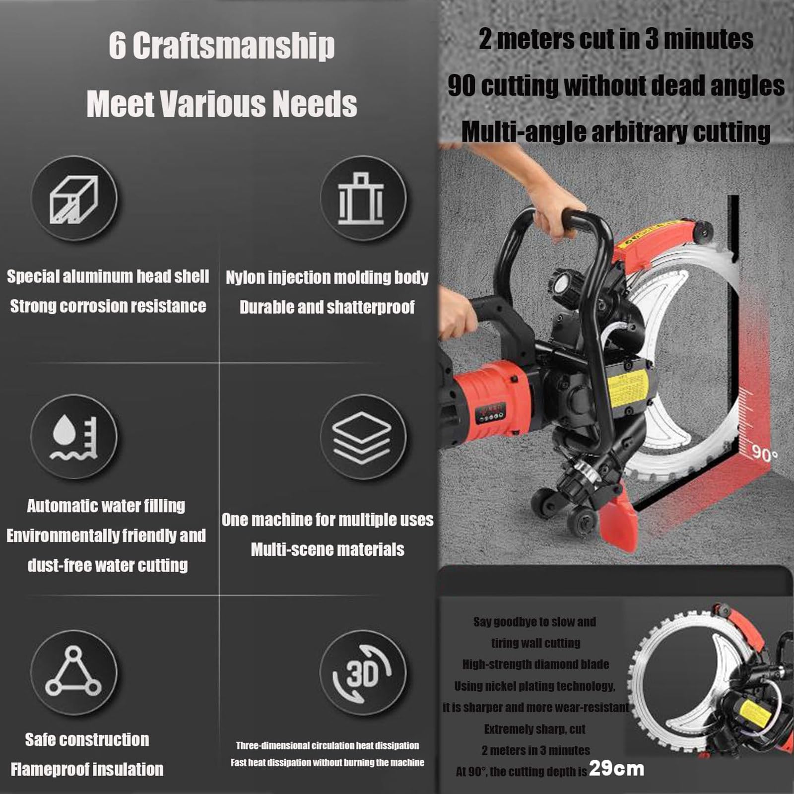 Sierra Circular Cortadora De Muro Para Hormigón 3000RPM Sierra Anillo Eléctrica Para Corte De Hormigón Con Suministro De Agua Y Supresión De Polvo,Profundidad Corte 290 Mm,4xblade-9500W