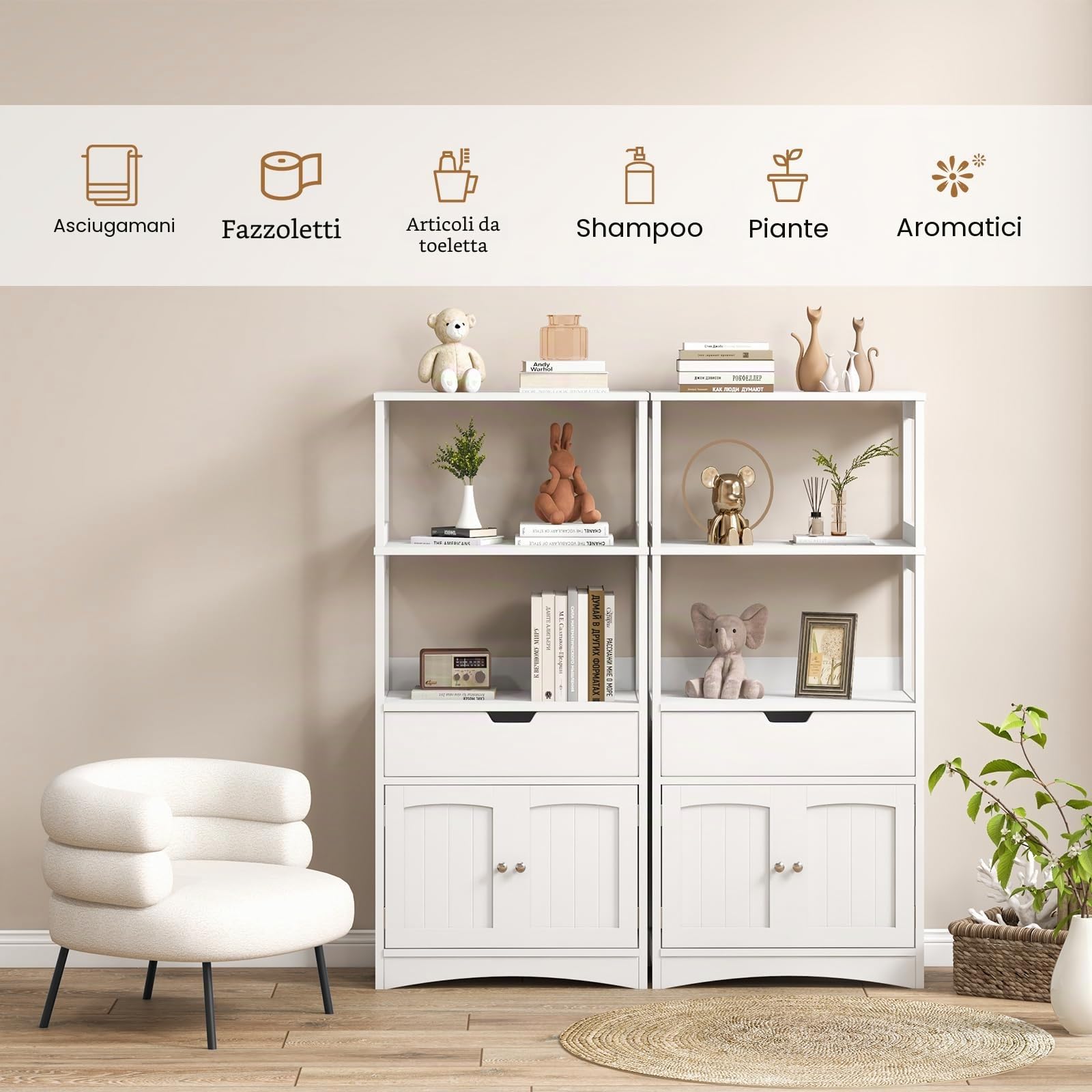KOMFOTTEU Mobile portaoggetti con ripiano a 3 livelli, armadio alto in legno, dispositivo antiribaltamento, cassetto e armadio a 2 ante, moderno, 60 x 32,5 x 122 cm (bianco)