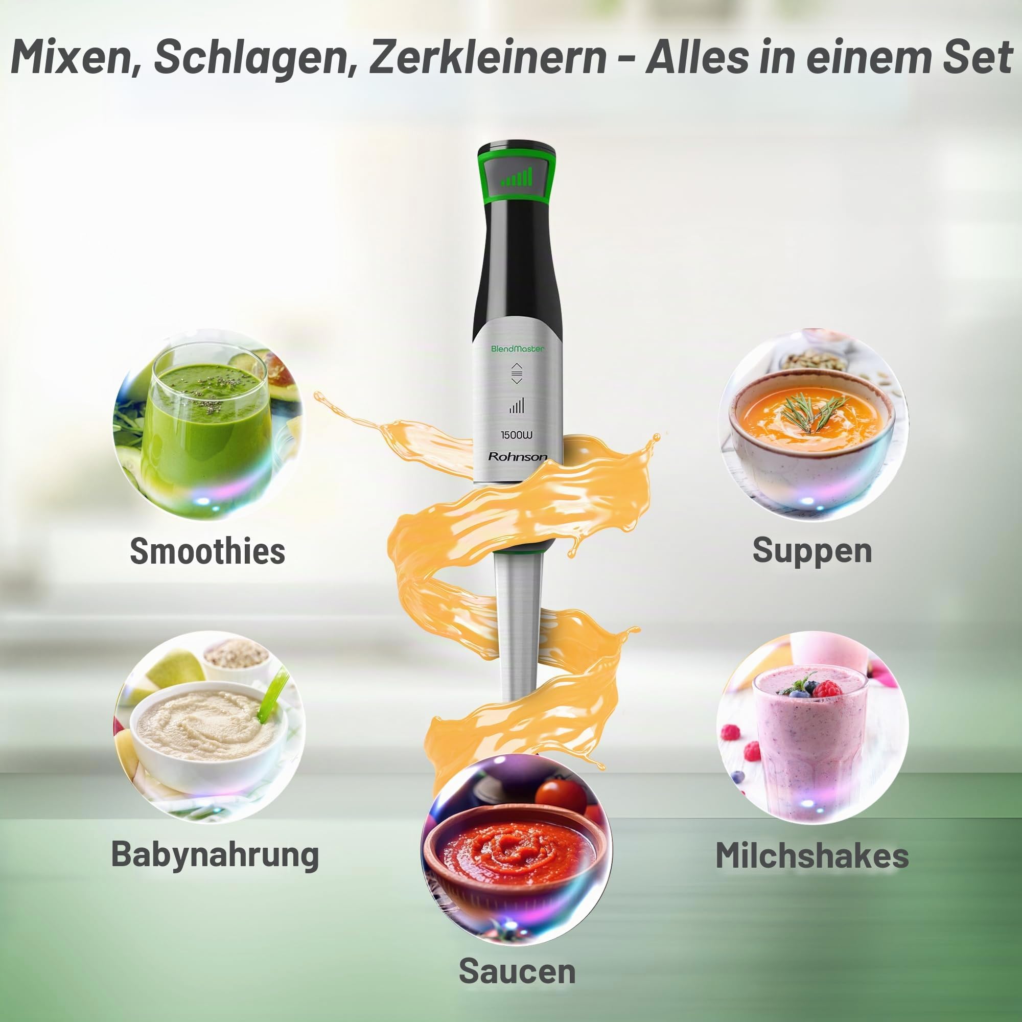 Rohnson BlendMaster R-5750 Stabmixer mit 1500 W, Vario-Blade-Technologie und Tiefenregelung, inklusive Schneebesen, Messbecher und Zerkleinerer, Spiralkabel