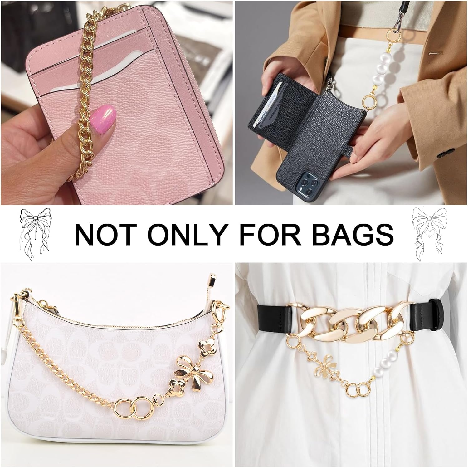 yuboo 3Pcs Pearl Bow Bag Extender Chain Set - Adjustable Purse Strap Extenders | Handbag Shoulder Chain Replacement for Crossbody, Tote, Purse Bag Accessories Making Supplies (Gold) - Image 6