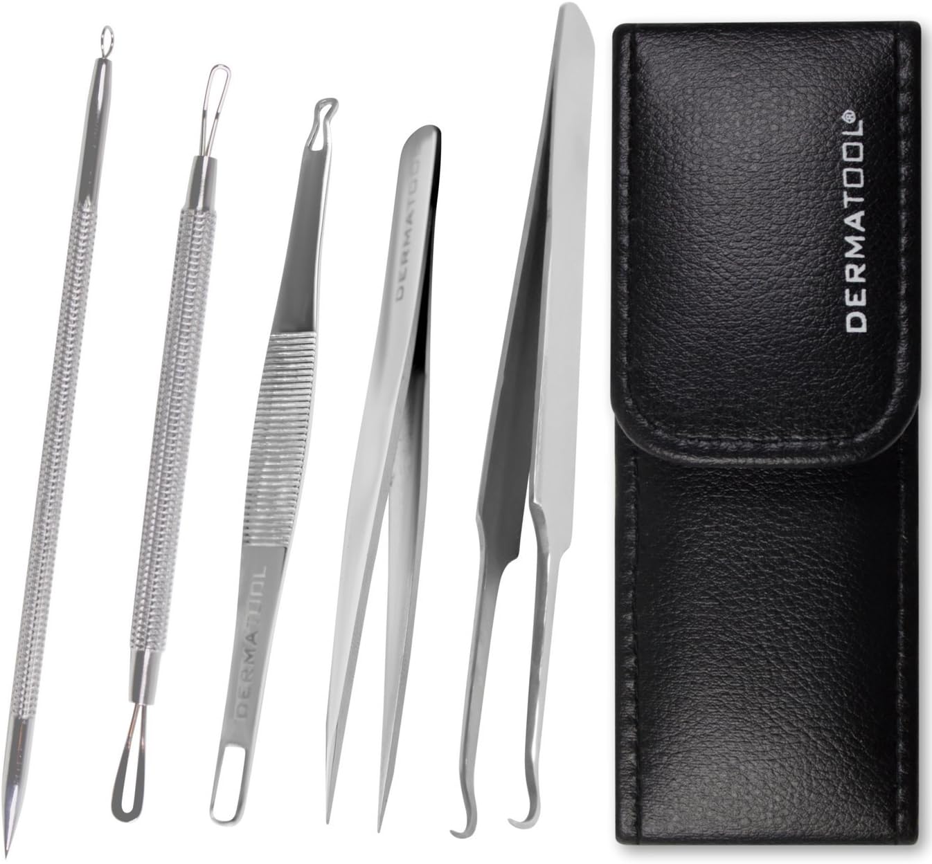 Premium Blackhead Remover Complete Set - Dermatologist - Esthetician Comedone, Whitehead, Acne, Blemish, Pimple Popper Extractor Tweezer Treatment for Face, Nose Skin Care with Leather Case