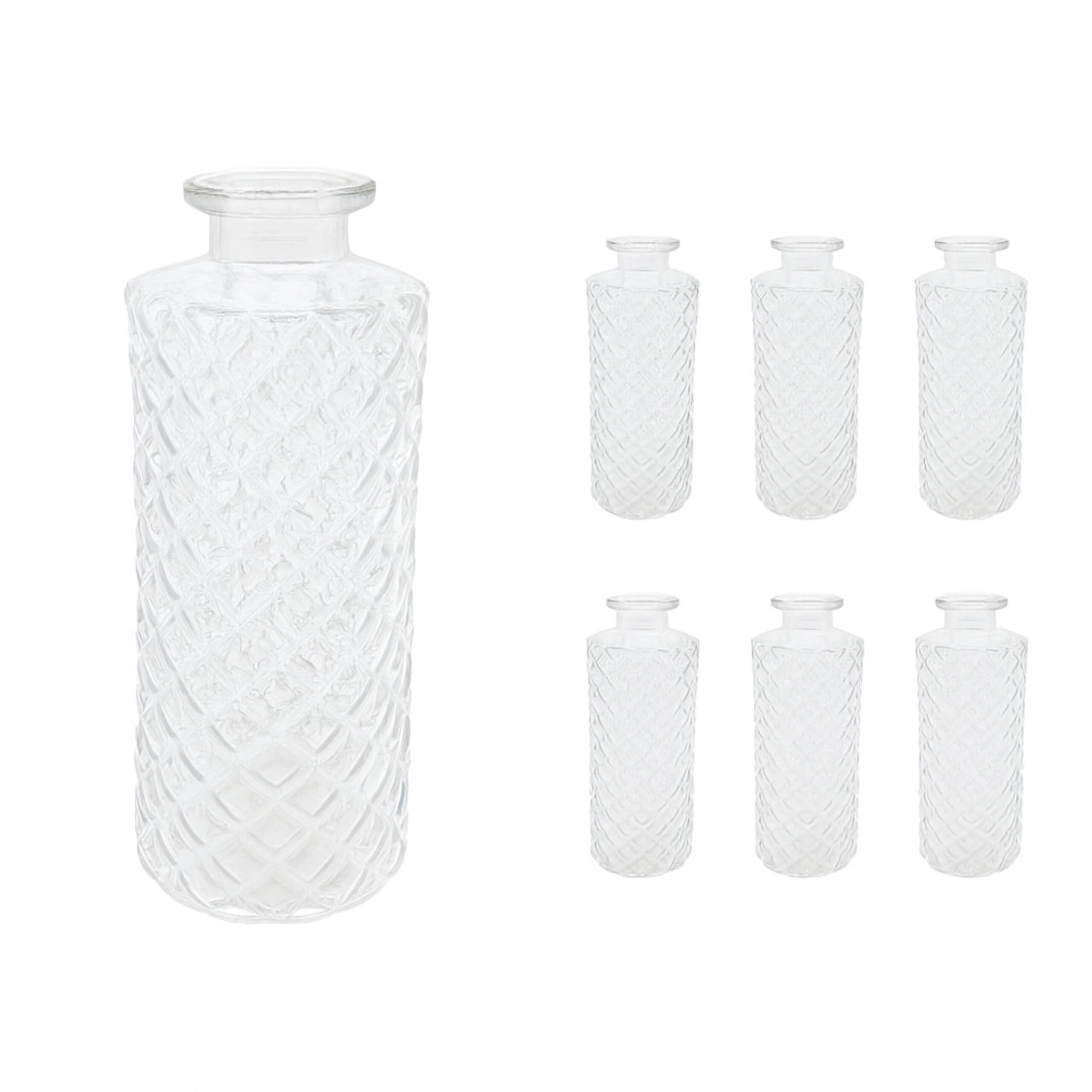 Relaxdays Vases, Set of 6, Diamond Pattern, Vintage, Glass, HxD: 13 x 5 cm, Mini Vases, Clear