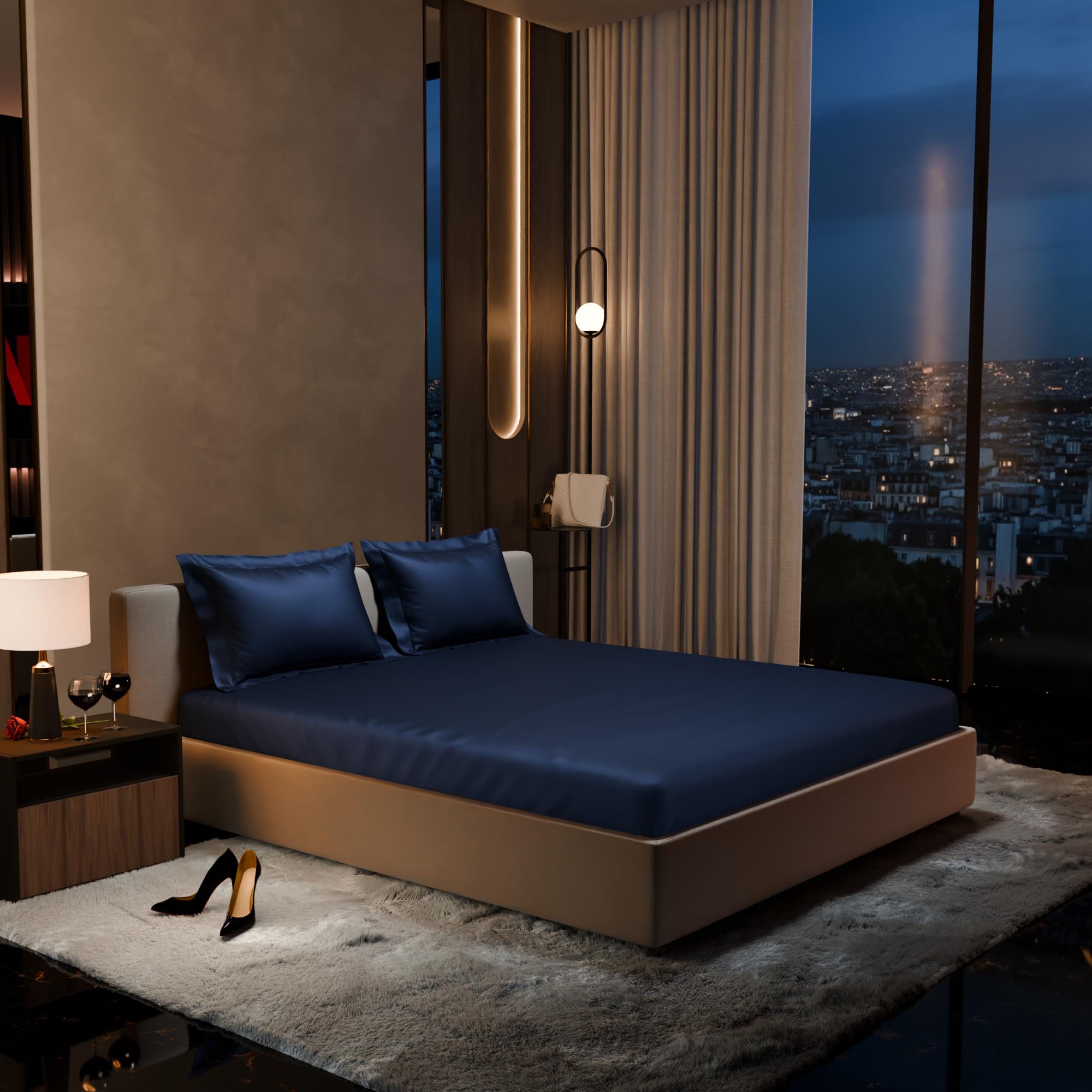 Stoa Paris 300TC UltraSatin Super King Bedsheet Set, 10” Drop Fitted Bedsheet with 2 Pillow Covers, Hypoallergenic, Wrinkle Free, Aesthetic Bedding, Home Decor, Gift, Date Night - Mystique Blue