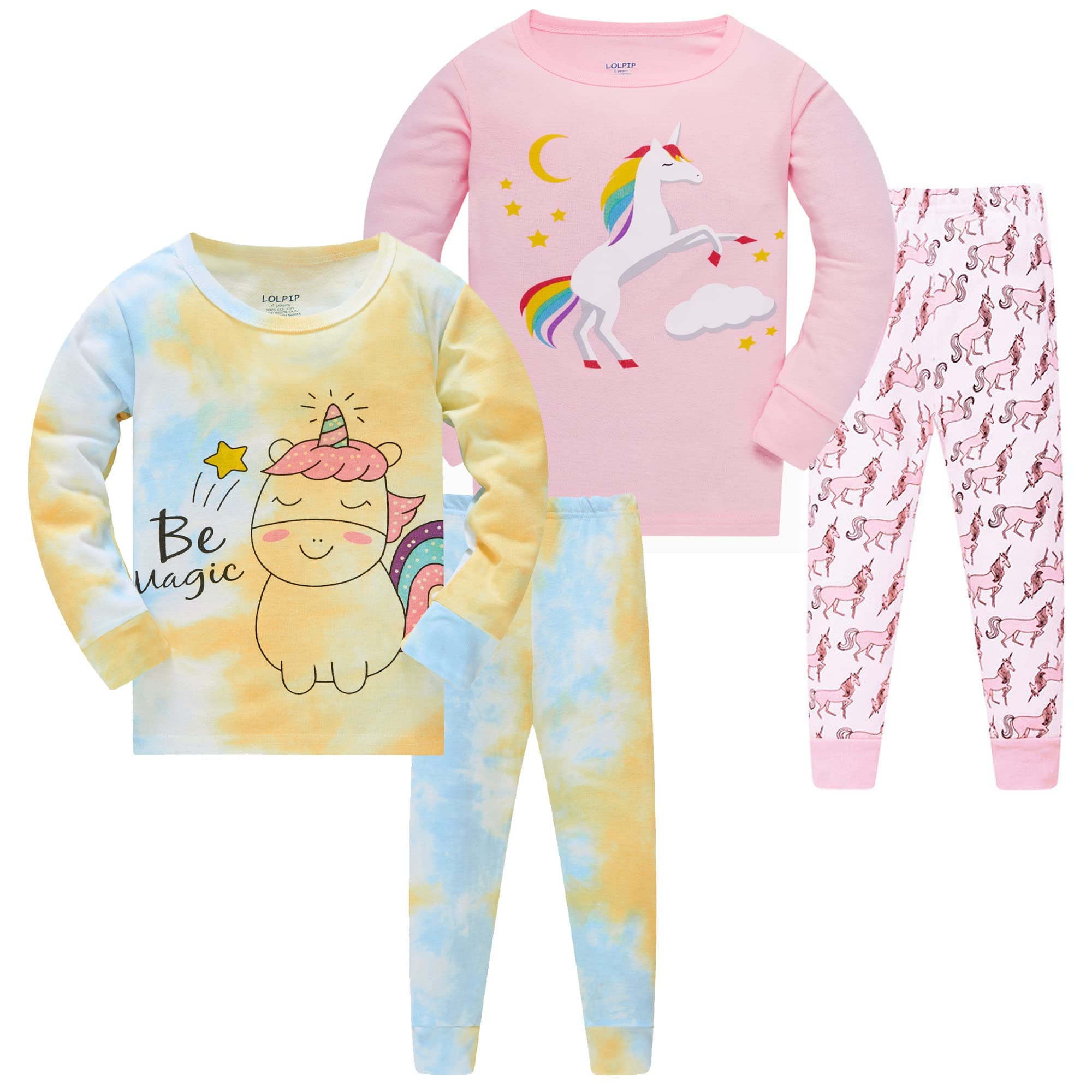 LOLPIP Mädchen Pyjamas 100% Baumwolle Schlafanzug für Kinder Schlafkleidung Langarm 4 Stück Set 1-12 Jahre