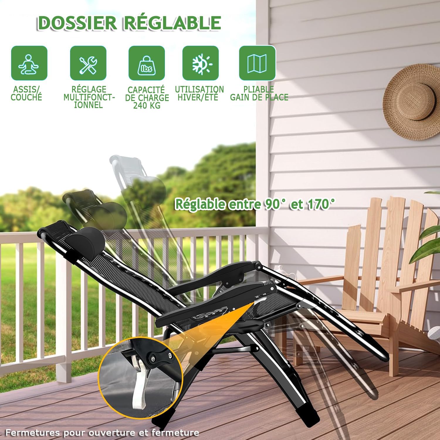 Chaise Longue Pliante 72cm Fauteuil Relax Jardin Exterieur avec Coussin et Housse de Protection, Transat Jardin Exterieur pour Balcon, Plage, Terrasse, Charge 200 KG