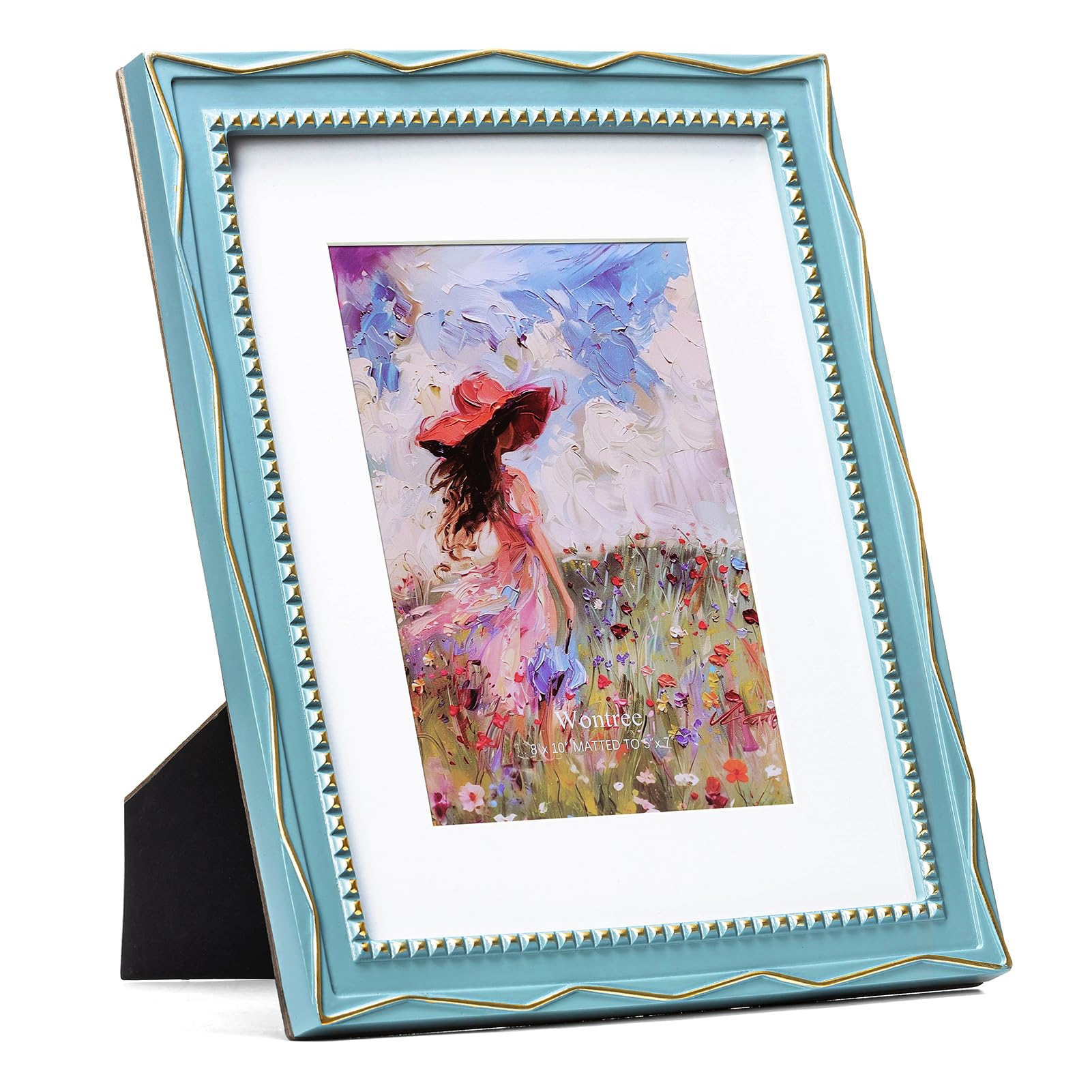 8x10 Picture Frame, Gold Beads &amp; Swirls Against Muted Blue, Resin Frame with Real Glass, Display 8x10 Photos Matted to 5x7, Vertical and Horizontal Desk Tabletop or Wall Hanging
