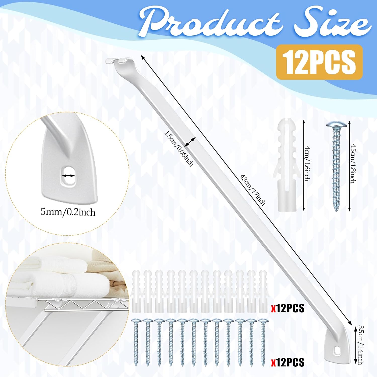 12 Pcs 12 Inch Support Brackets for Wire Shelving, White Metal Wire Shelf Brackets Closet Support Bracket with Anchors Screws and Pins for Support Wire Closet Shelves Racks