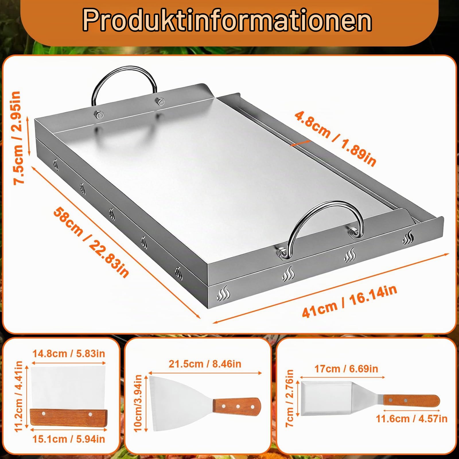 Edelstahl Grillplatte mit Henkel, Schaufeln & Schabern, 58x41x7.5cm Universal Teppanyaki BBQ Plancha Camping Grillbegleiter, Grillzubehör Grill Platte Grillrost für Gasgrill Holzkohleöfen Grillpartys