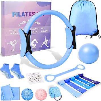 Pilates Ring and Ball Set for Women, Home Workout Pilates Kit, Magic Circle Hoop with 5 Resistance Bands, Pilates Equipment Fitness Essentials Starter Set Accessories