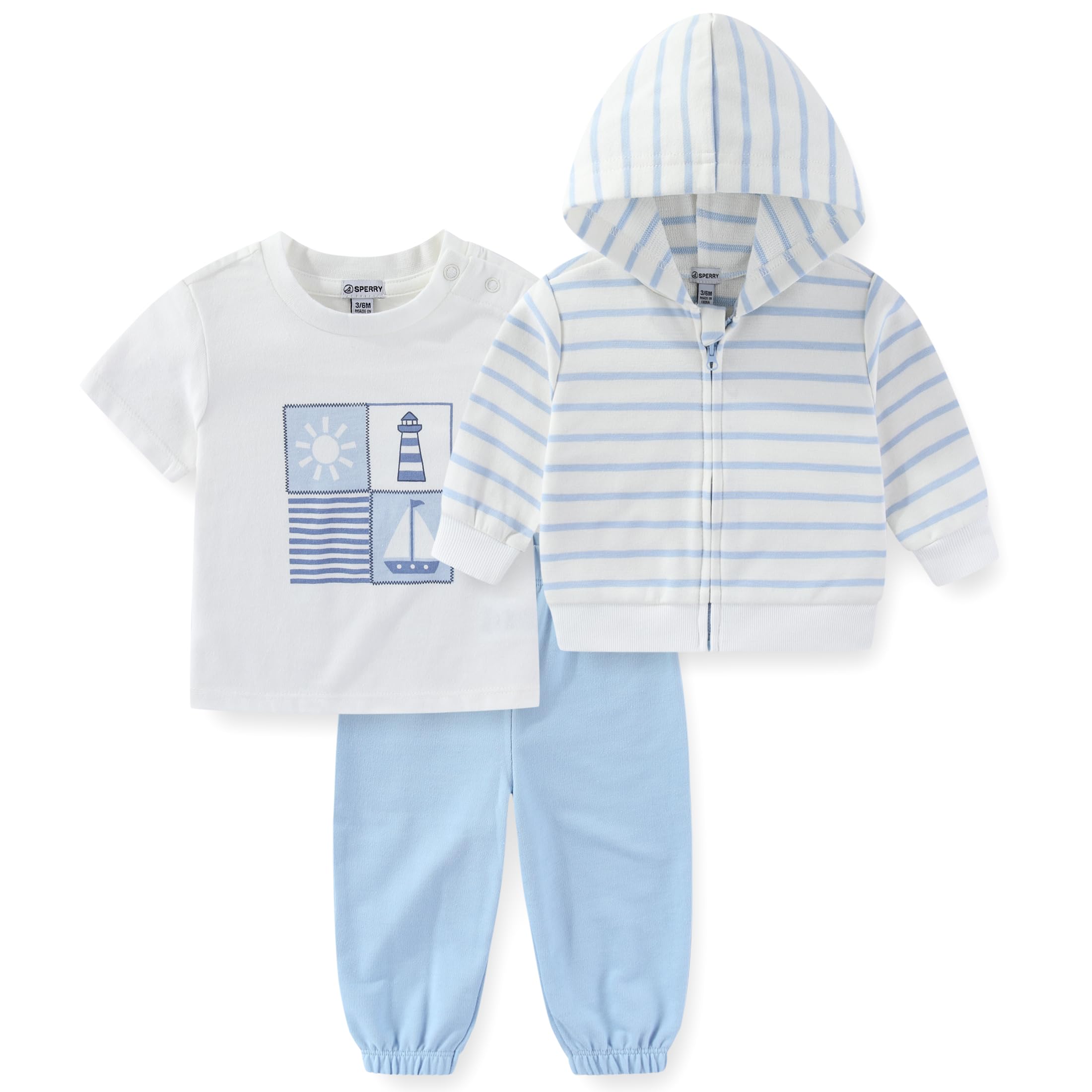 Sperry Baby Boys Zip Up Hoodie T-Shirt and Pants 3 Piece Set for Newborn and Infant