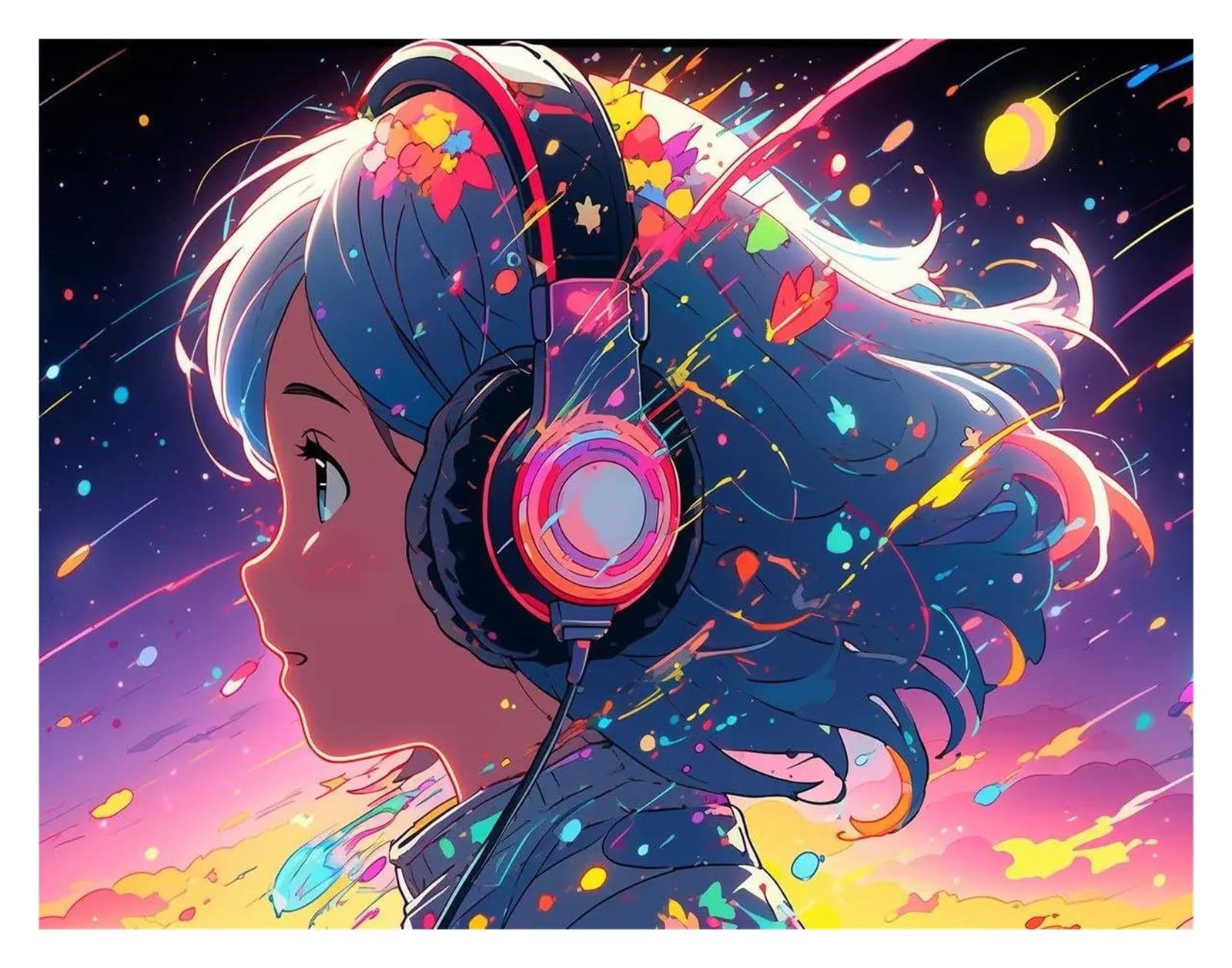 Lienzo de niña con auriculares XENITE, arte lleno de color e inspiración para el hogar