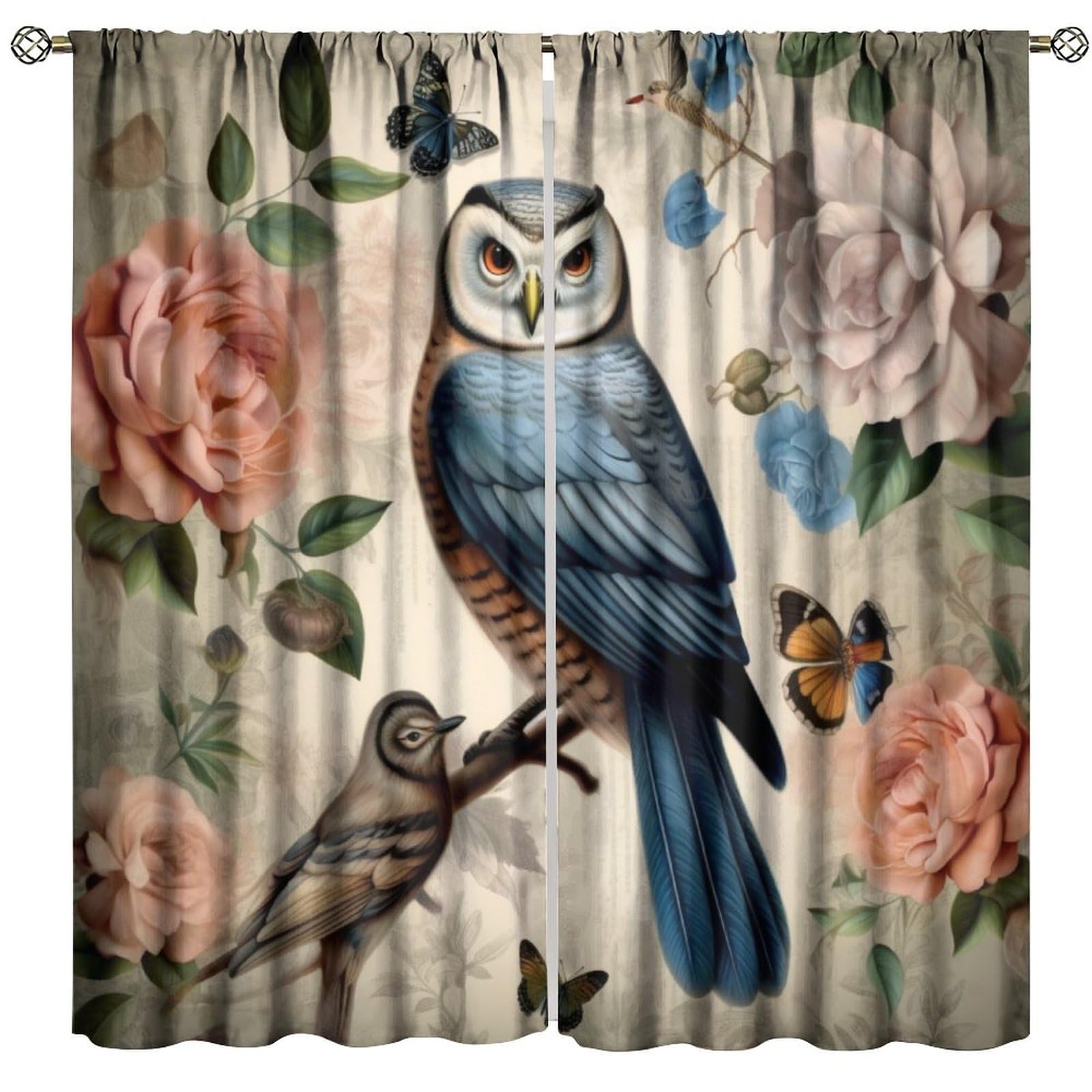 BenYaSong Vintage Owl and Floral Blackout Window Curtain Bird Nature Rustic Curtains Modern Art for Home Kitchen Restaurant Decoration Window Curtain 2Panel 52" W X 84" L