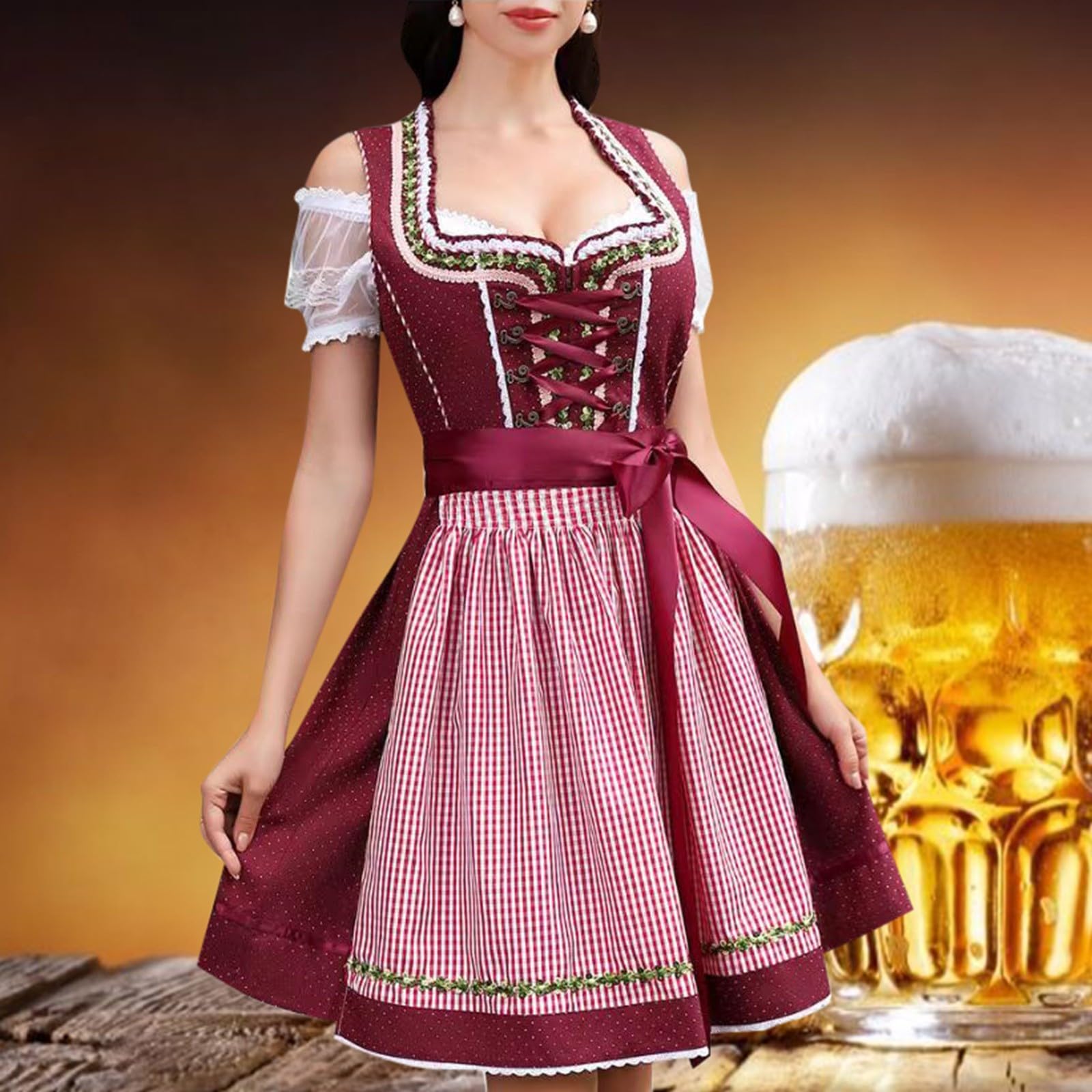 Generisch Dirndl Midi Dirndl Mit Bluse Und Schürze Off Shoulder Oktoberfest Set Damen Kariert Kleid Trachtenmode Klassisches Schürze Für Karneval Dirndlschürzen Dirndlschürze