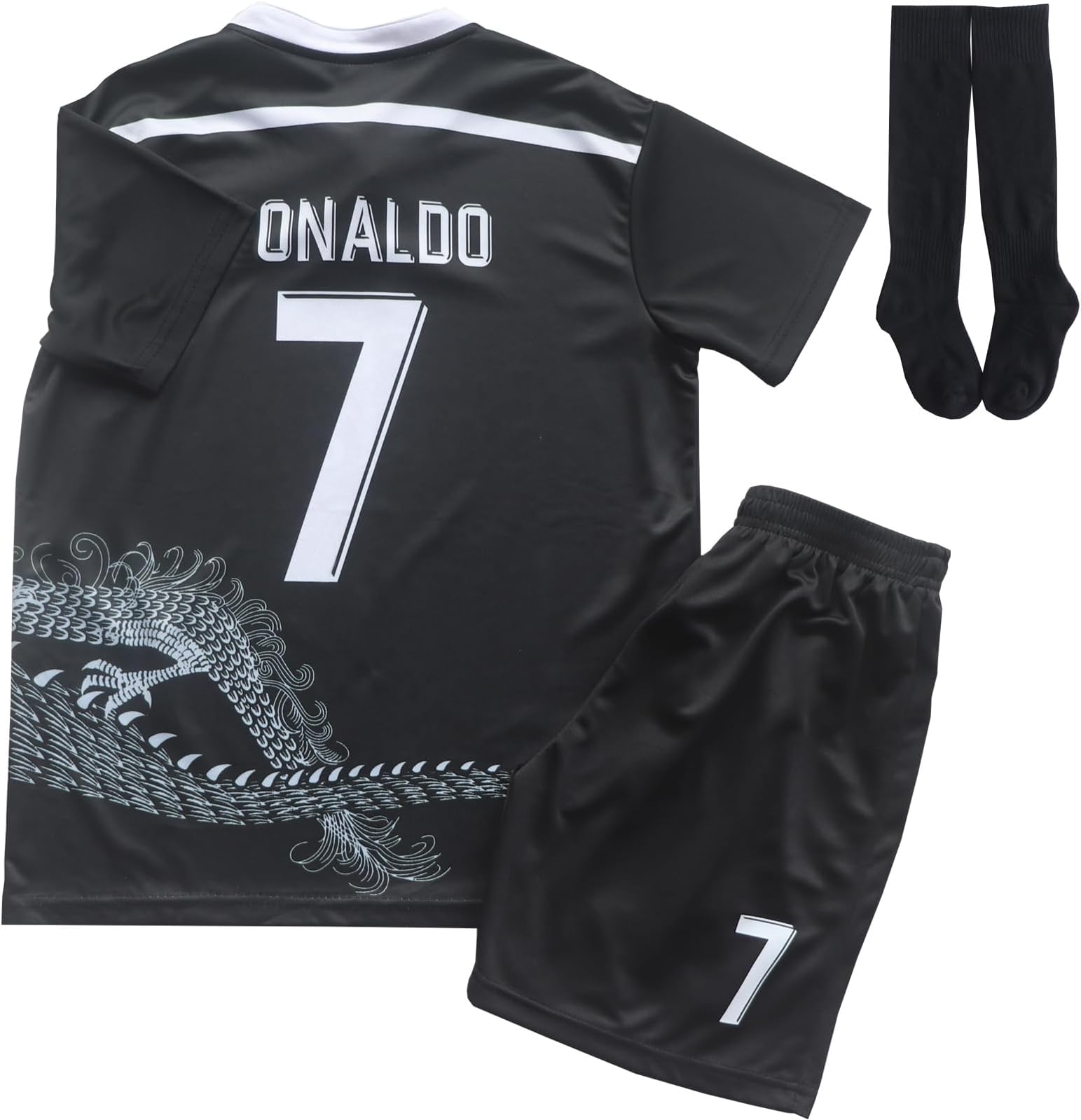 No #7 Black Old Dragon Special Edition Kids Soccer Jersey Kit Shorts Socks Set Youth Sizes