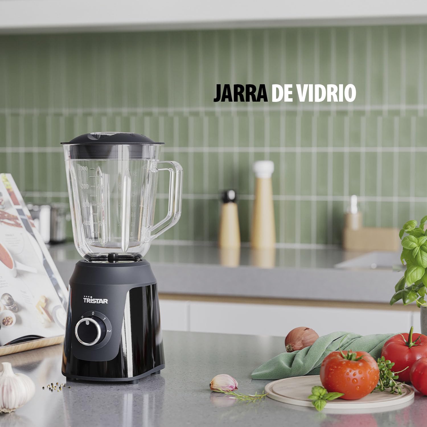 Tristar Batidora, jarra batidora de cristal de 1 litro, 2 velocidades, función pulso para picar hielo, piezas aptas para lavavajillas, negra, 350 W, Smoothie Maker BL-4482