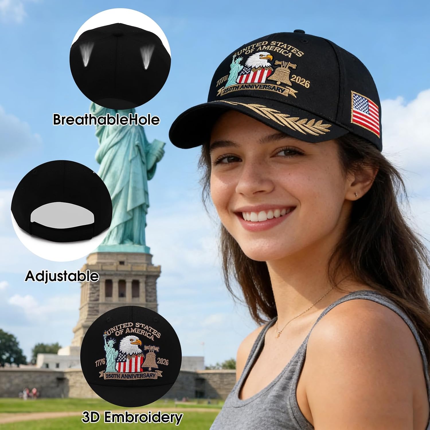 United States 250 Anniversary USA Hat, 1776-2026 Adjustable Eagle & Liberty Embroidered Patriotic Hats