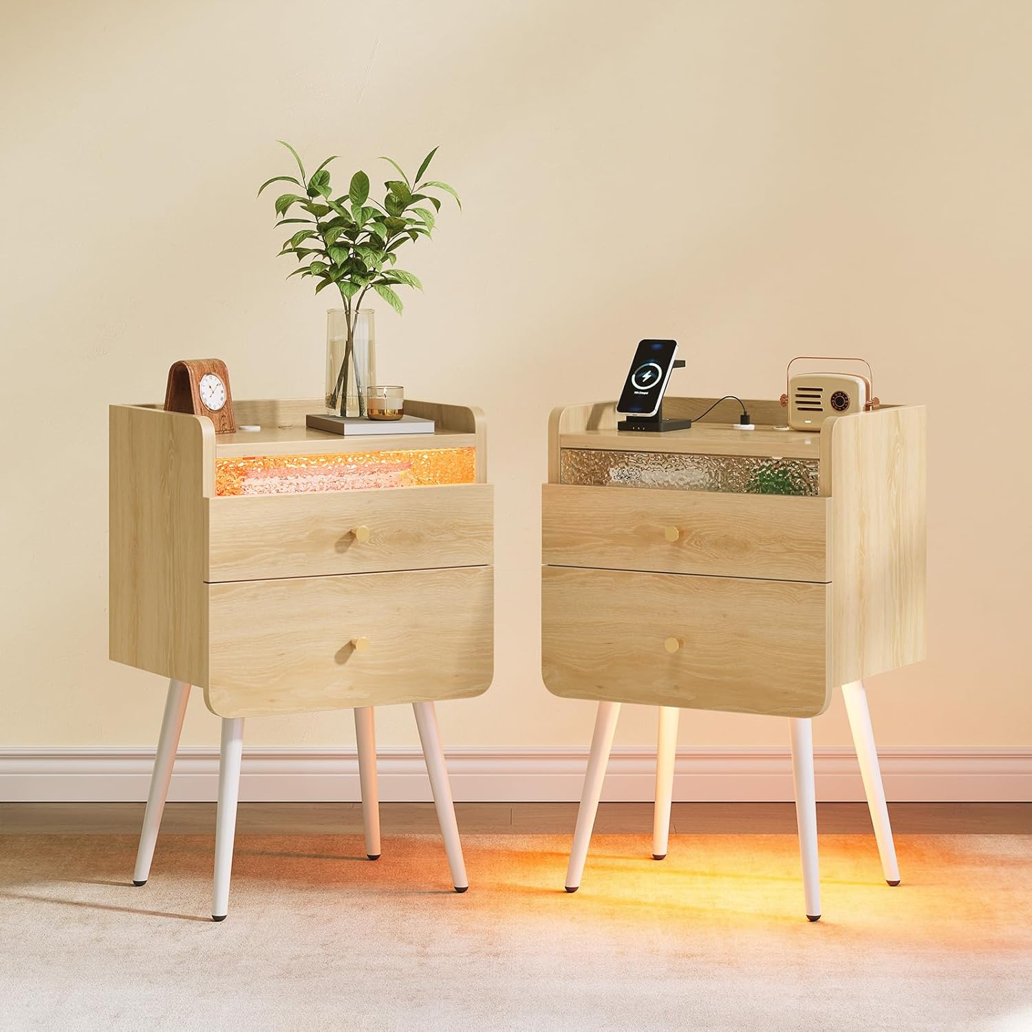 Nightstands Set of 2, Night Stand with Charging Station and Led Lights, Bedside Tables with 2 Drawers, End Table with Storage for Bedroom, Natural Oak
