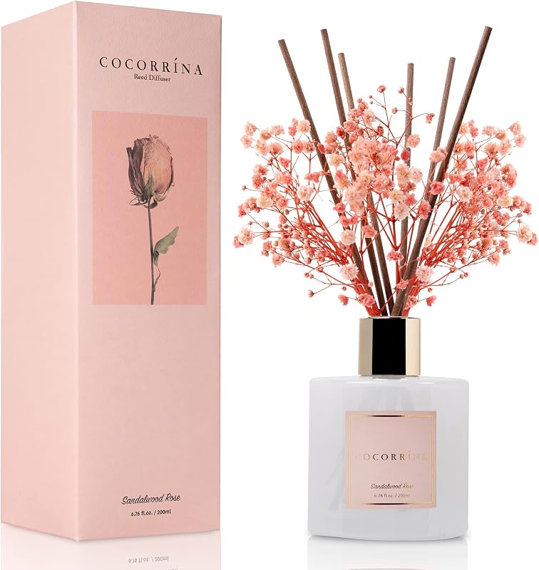 Cocorrína Set de Difusor de Carrizo Premium con Aliento de Bebé Preservado y Bastoncillo de Algodón Rosa de Sándalo | Difusor de aceite aromático de 6,7 oz para decoración del hogar, baño y dormitorio