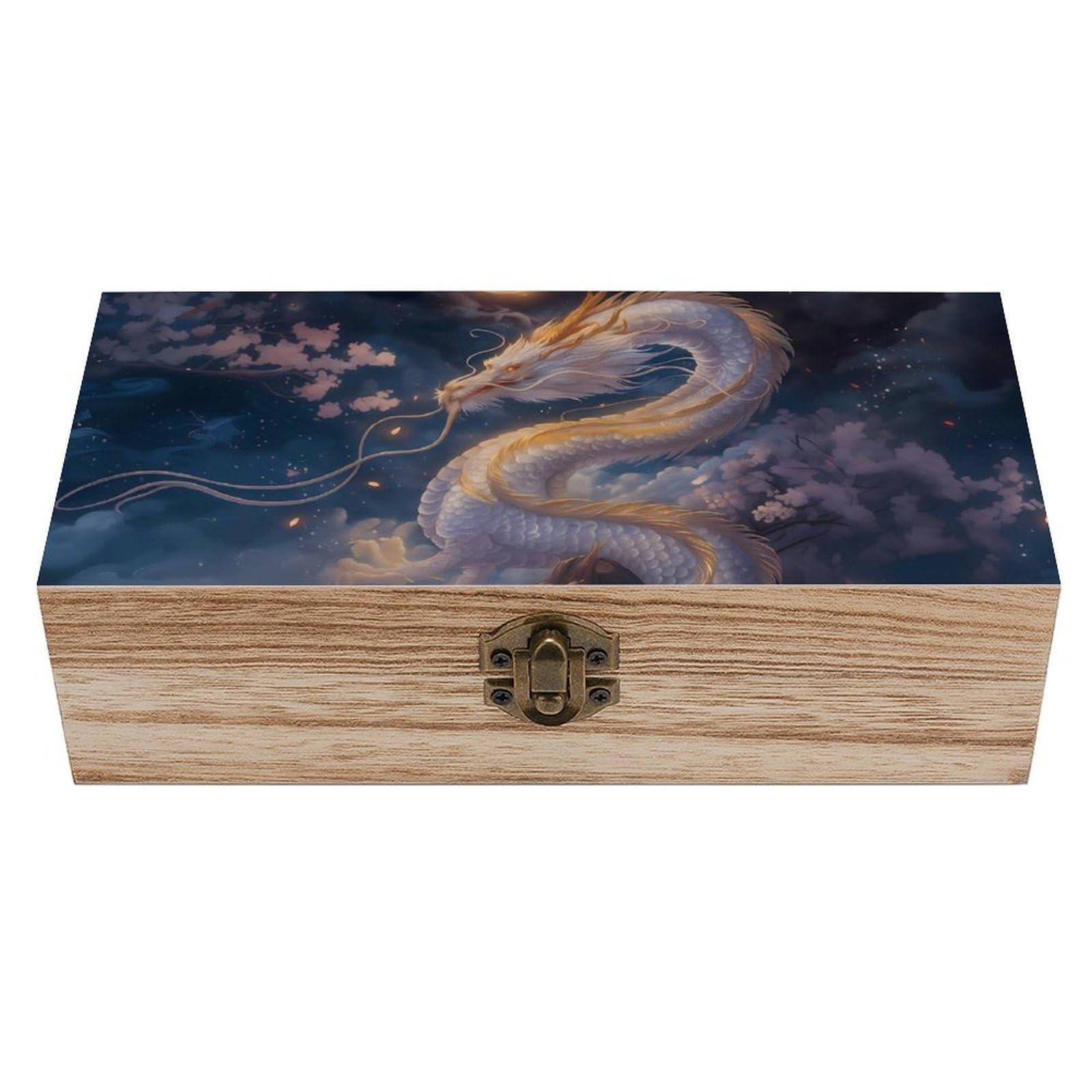 Oudrspo Serene Eastern Dragon Amidst Moonlit Blooms Retro Wooden Storage Box Keepsake Jewelry Decorative Art Storages Box Gift Boxs