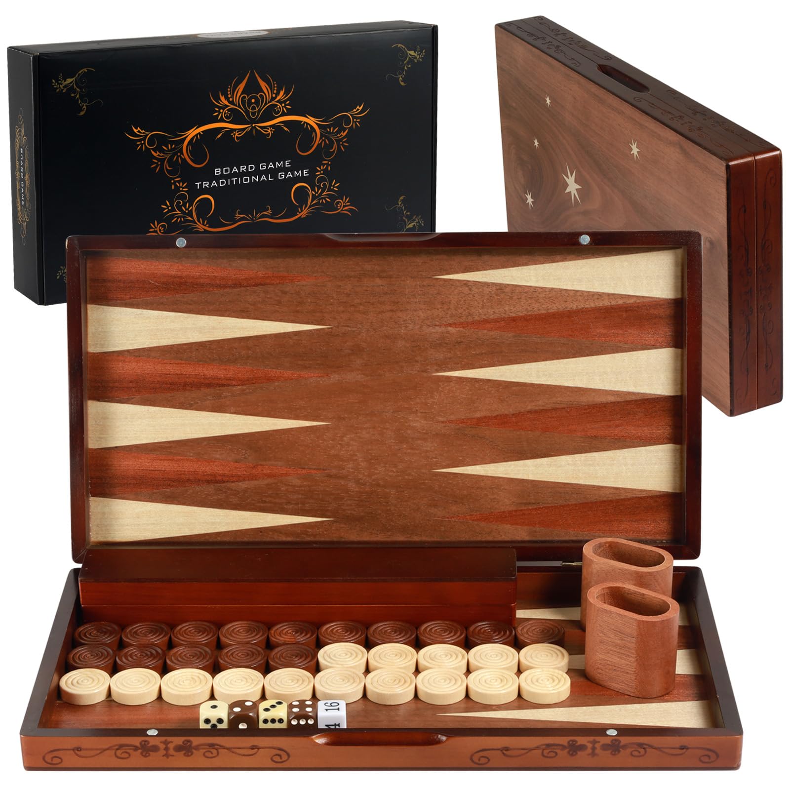 Lussuoso set da backgammon in legno fatto a mano - grande tavola da viaggio pieghevole da 16'' (40,6 cm) con pezzi di grandi dimensioni e scatola portaoggetti, gioco di strategia premium per due