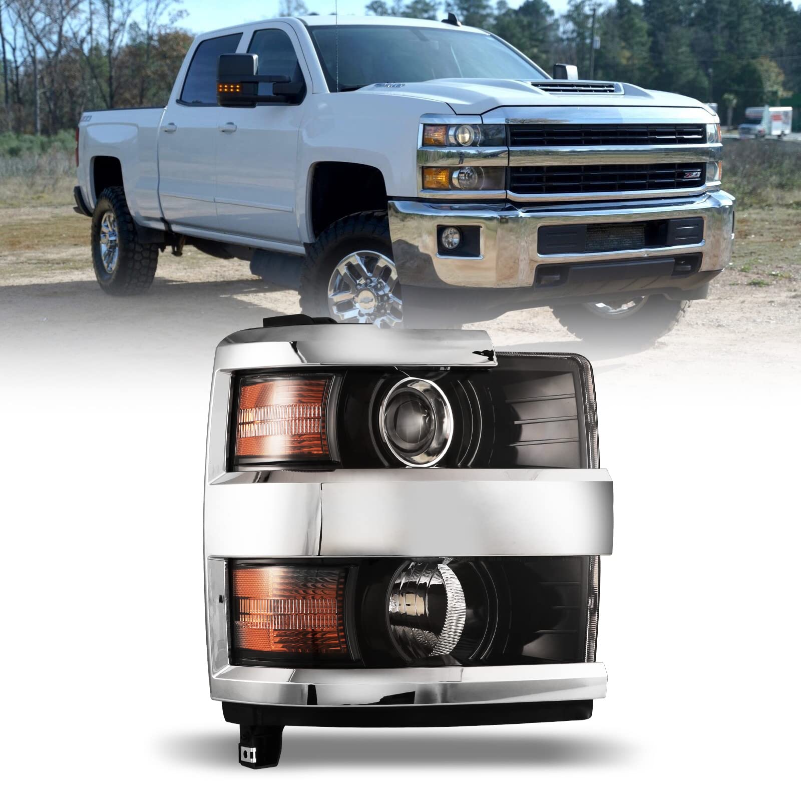 AUTOFREE Passenger Side Projector Headlight Compatible with Chevy Silverado 2500/3500 2015-2019 (Only for Factory Halogen Headlight Models) Chrome Frame Headlamp Assembly for Pickup (Right Side)
