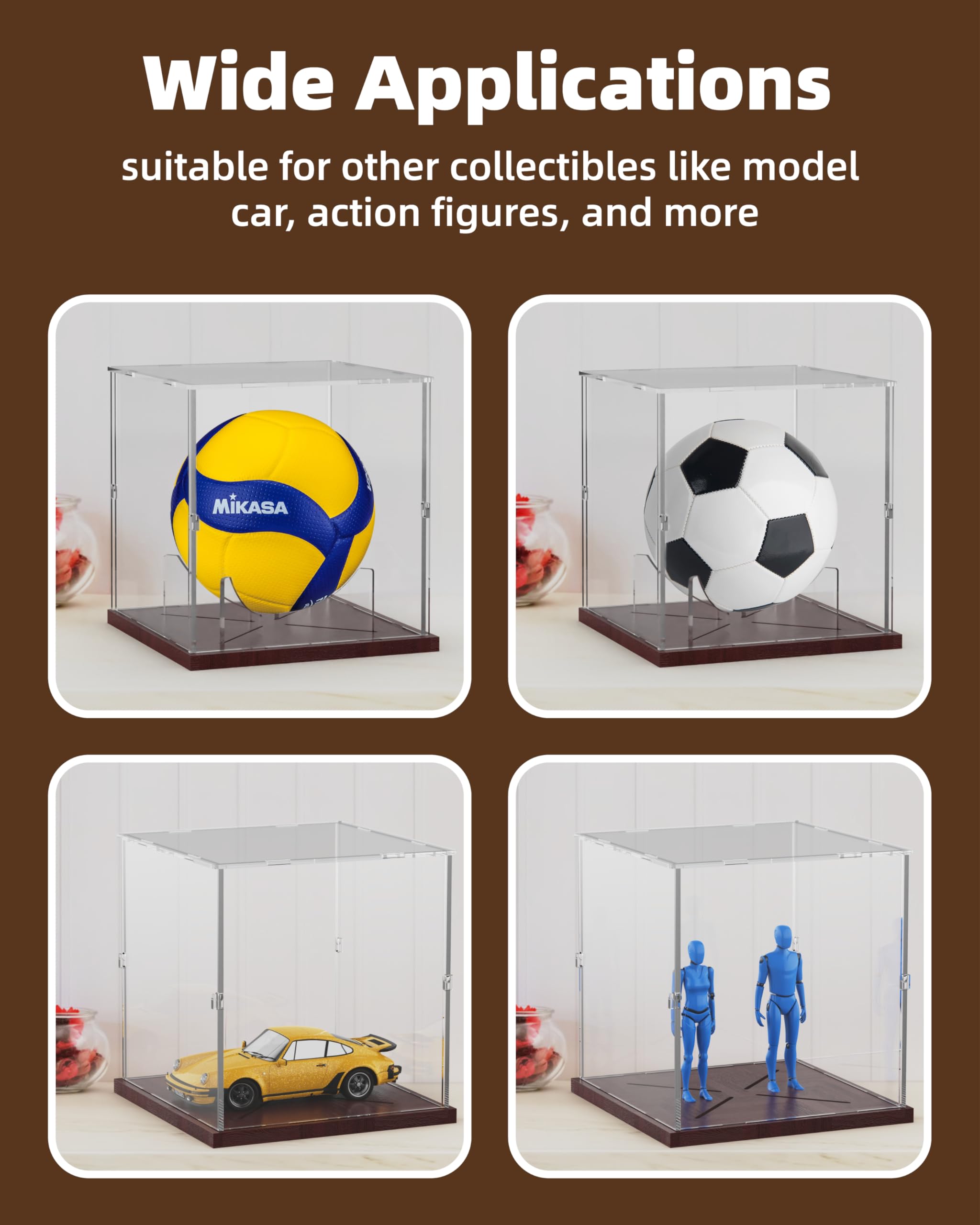 Fitense Vitrina de baloncesto de acrílico transparente, con protección UV, caja de soporte de baloncesto tamaño completo con base de madera maciza, exhibición de fútbol para recuerdo de balón de la