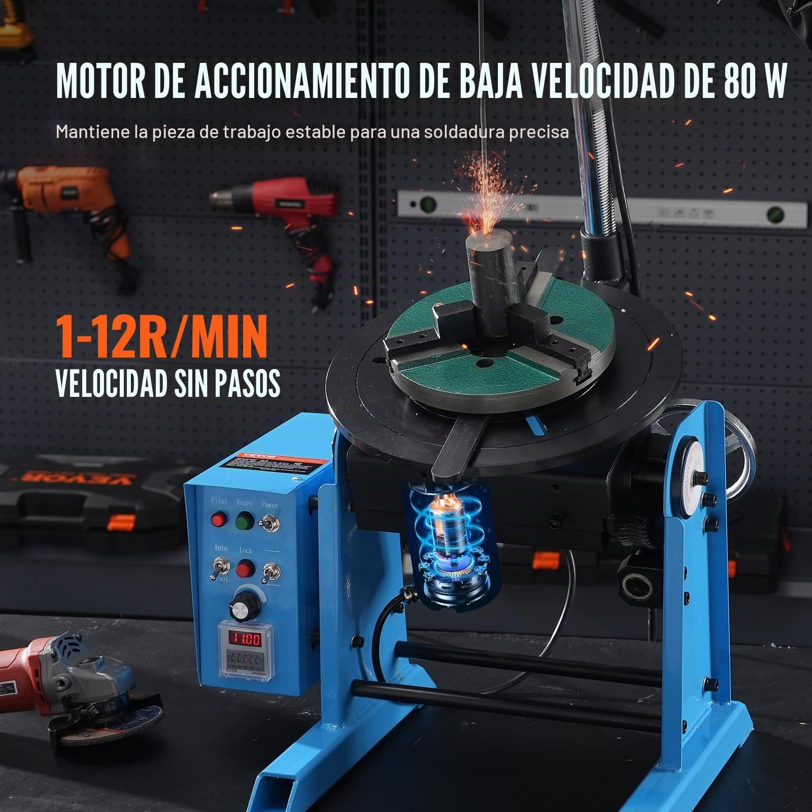 VEVOR Posicionador giratorio de soldadura de 66 libras/30 kg, mesa giratoria de posicionamiento de soldadura de 0-90° 1-12RPM 80W, con portabrocas de torno de 3 mandíbulas de 12.4 pulgadas y soporte
