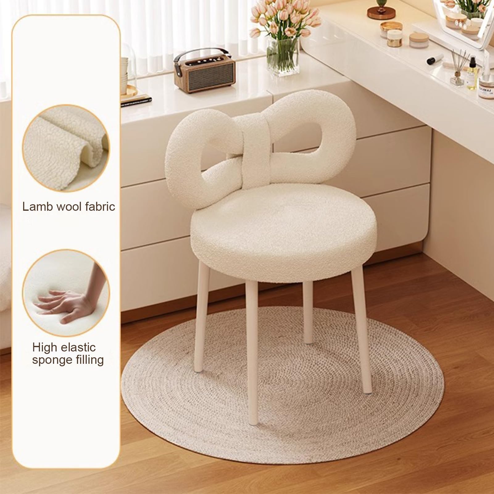 Chaise de Coiffeuse Pivotante avec Dossier Nœud – Chaise Maquillage Rose sans roulettes pour Fille, Tabouret Rembourré pour Chambre à Coucher, Salon ou Salle de Maquillage (Blanc)